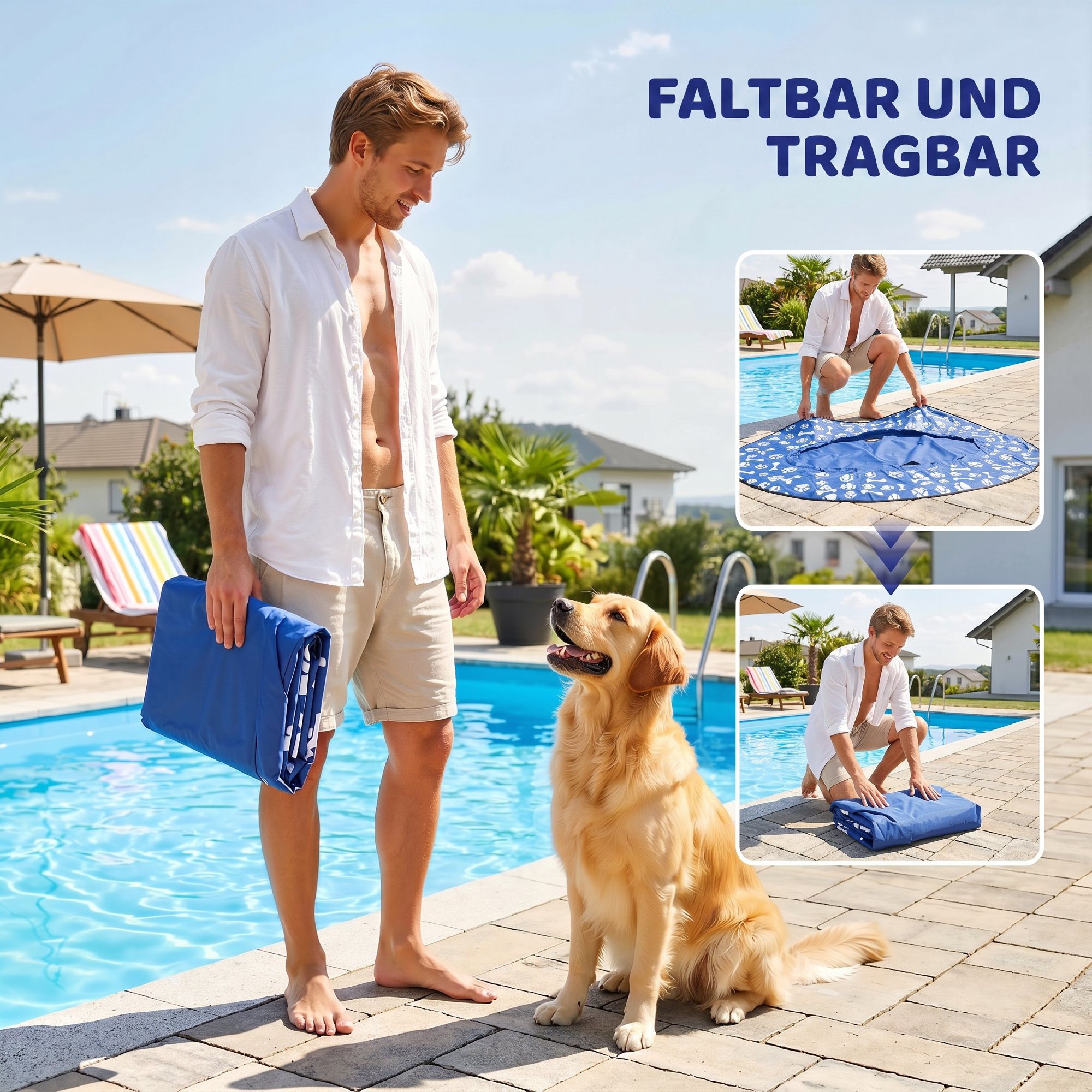 Aufblasbares Schlauchboot Hunde Faltbare Schwimmende Wassermatte Hund mit Griff für Hunde bis 40kg 155x104x25cm Blau