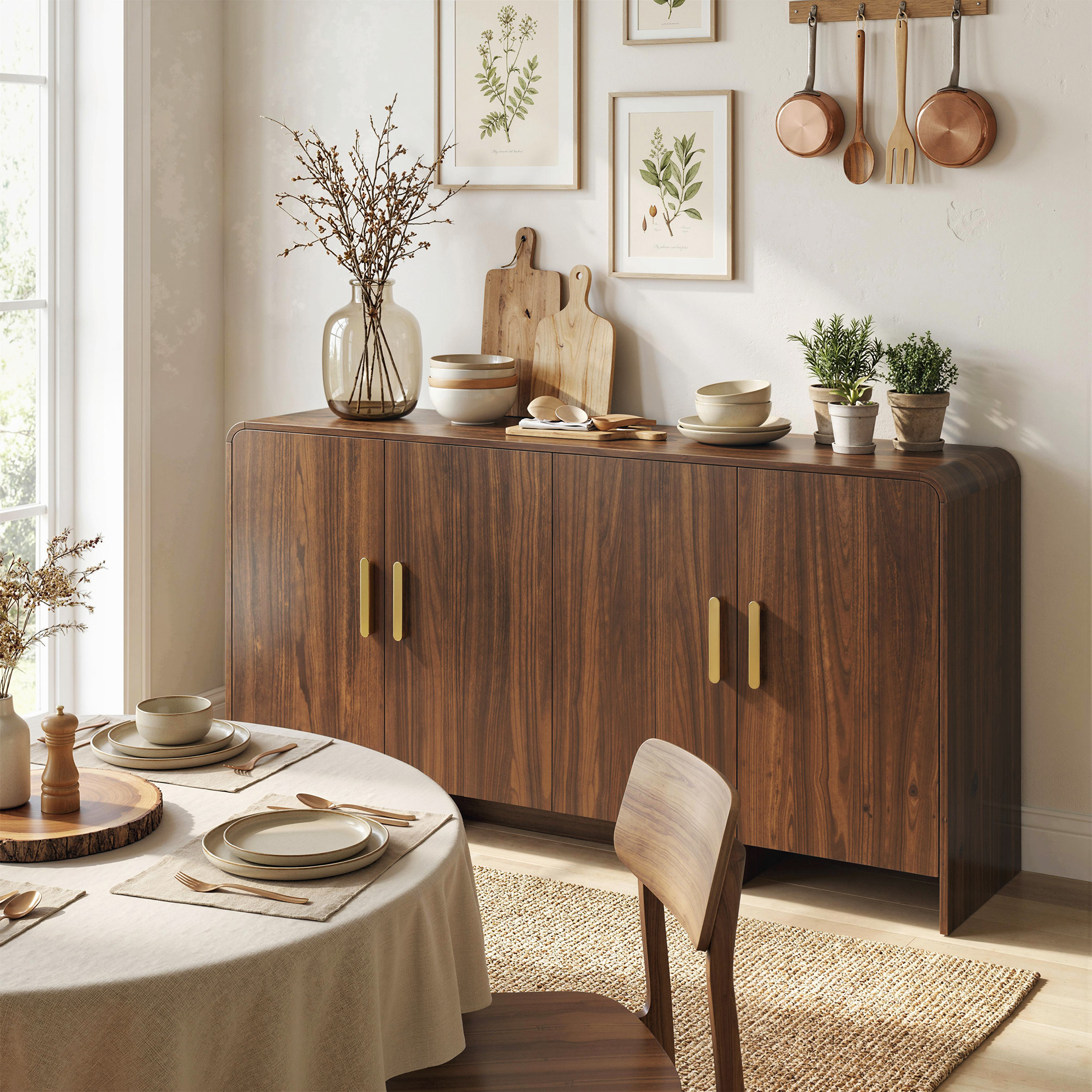 152 cm Sideboard Buffet-Schrank mit Soft-Close-Türen, TV-Schrank für Fernseher bis 72 Zoll, Walnussbraun