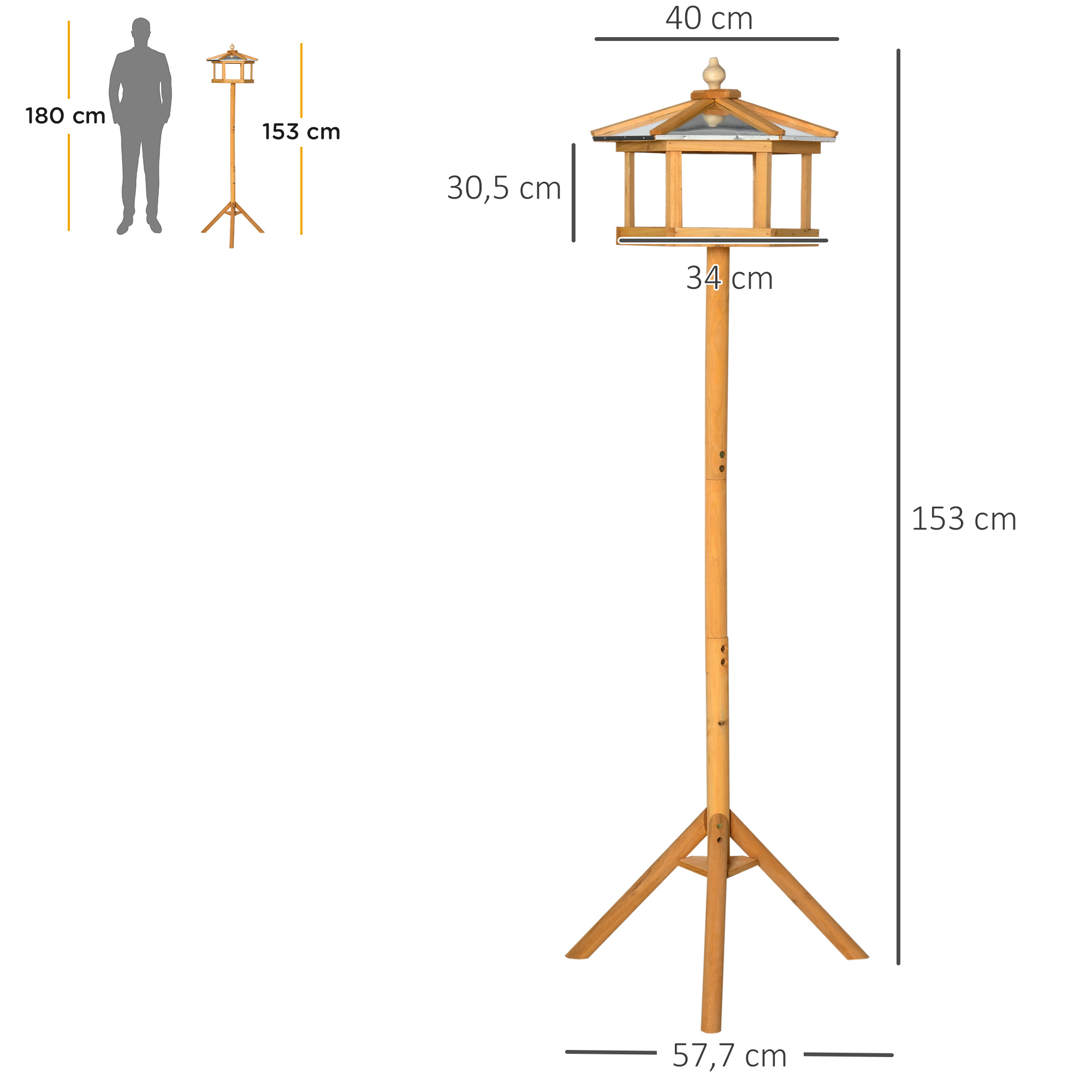 Vogelhaus mit Ständer Holz Vogelfutterhaus mit Plattform geneigtes Metalldach Ø57,7 x 153H cm Naturholz