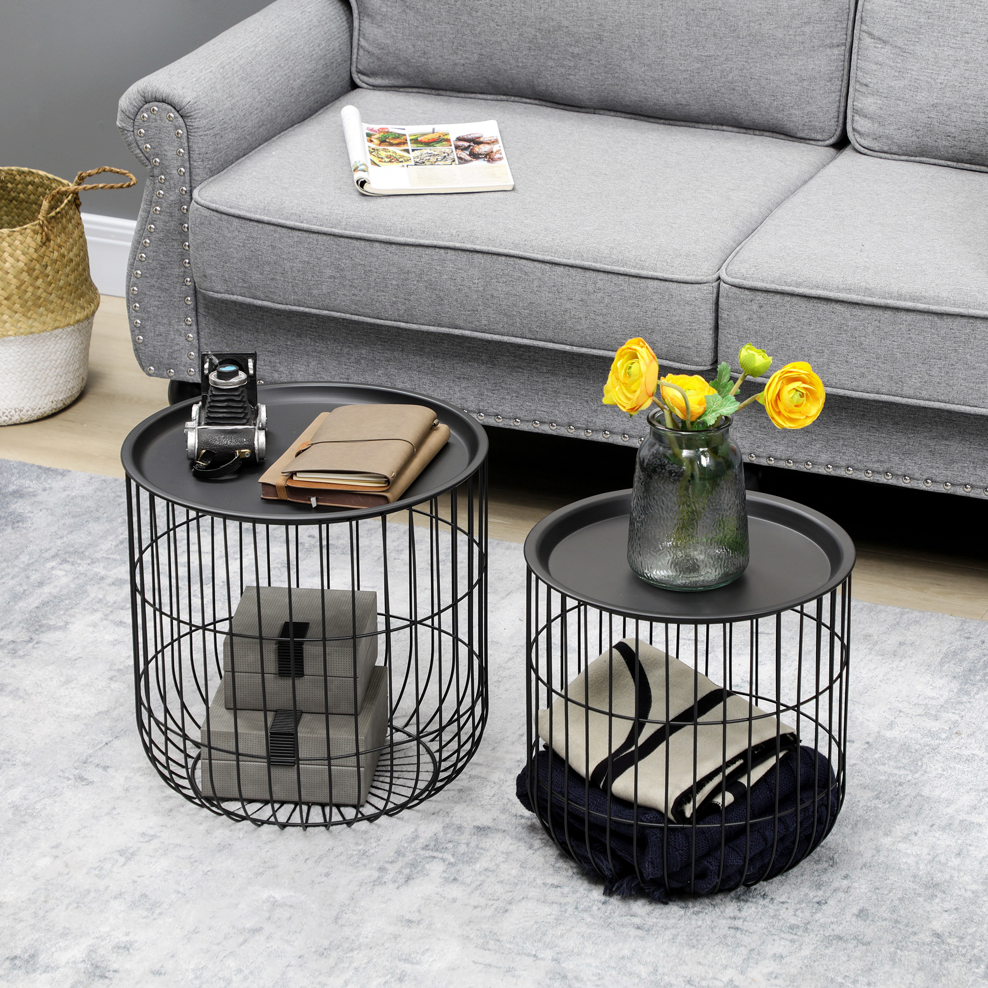 2er-Set Beistelltische im Skandidesign, mit Stauraum, stapelbar, Schwarz