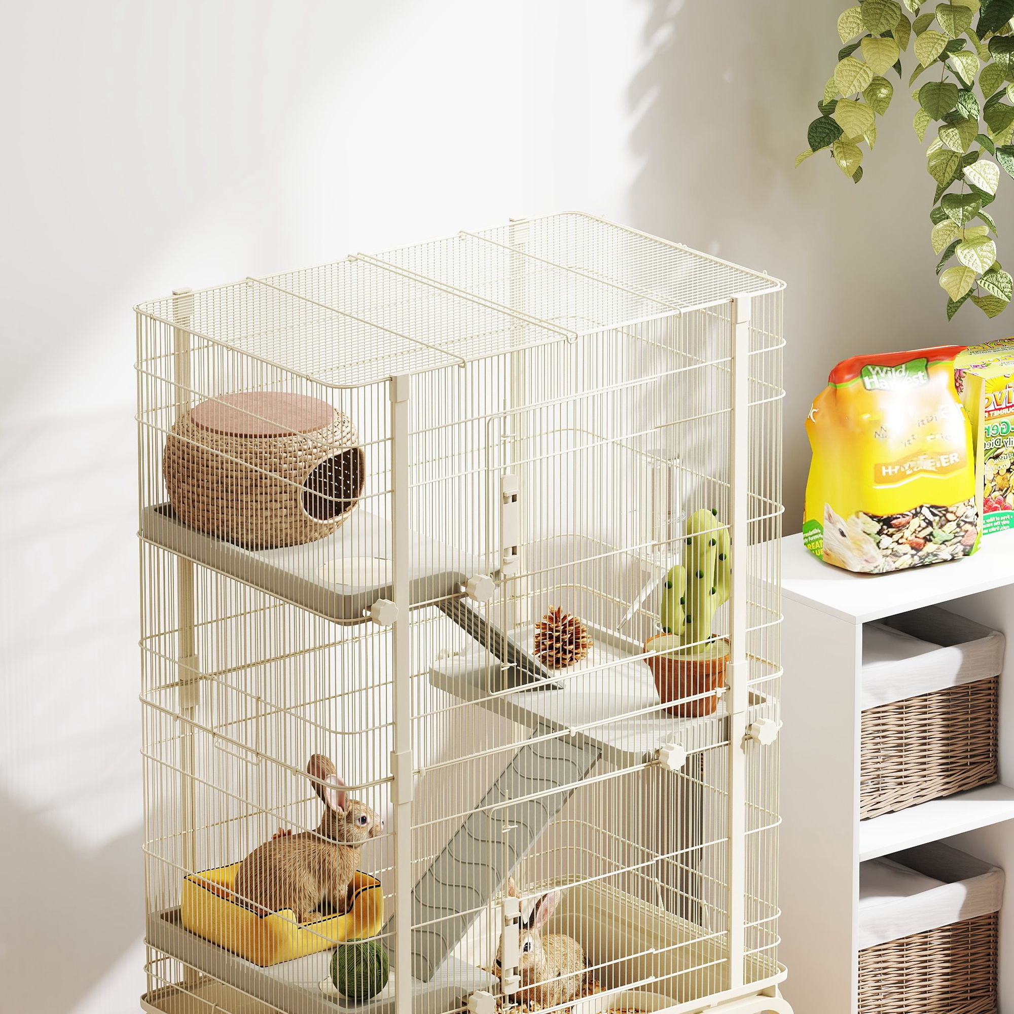 Kleintierkäfig, Haustierkäfig mit 4 Ebenen, Futterschale, Wasserflasche, 88 x 48 x 150,5 cm, Beige