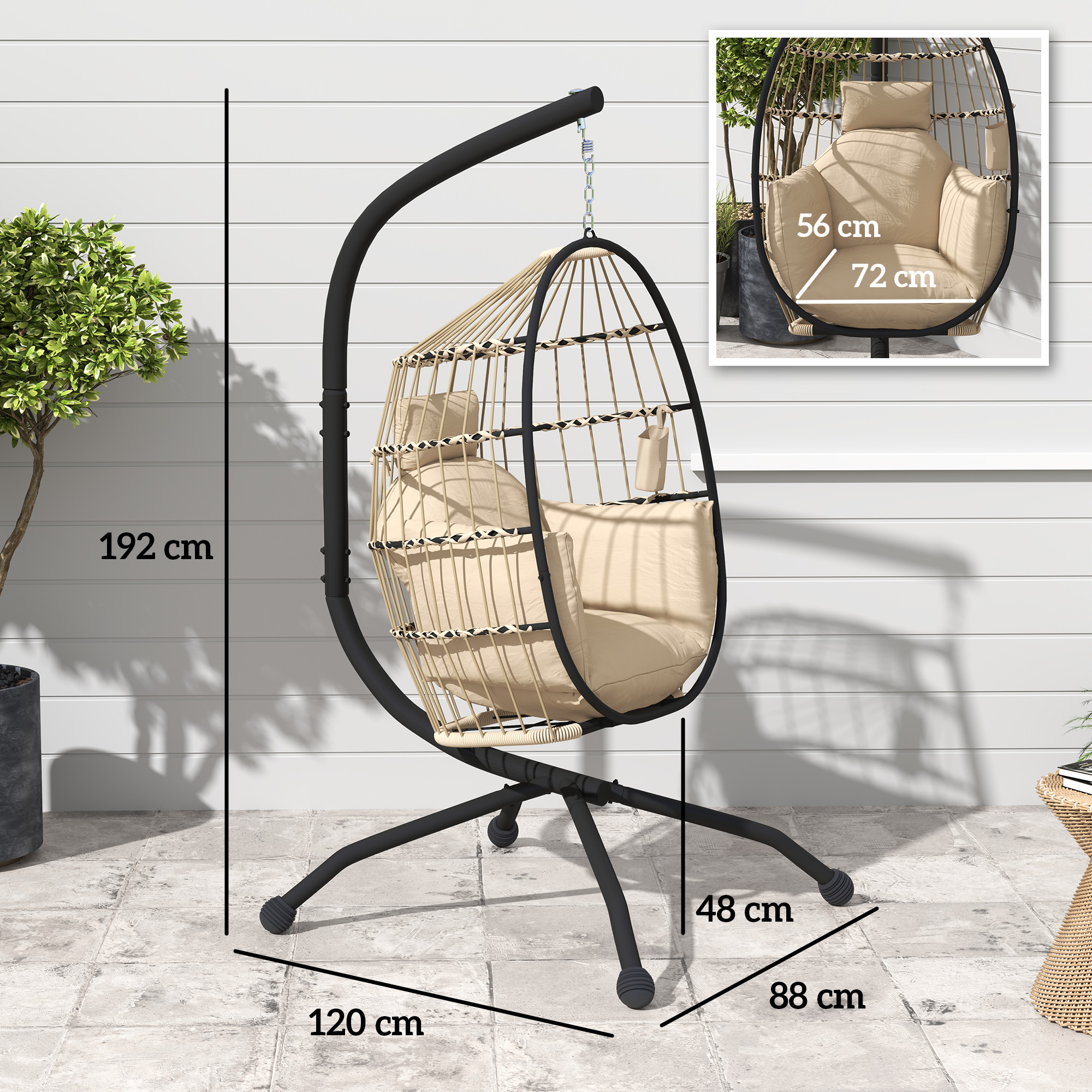 Hängender Outdoor-Schaukelstuhl mit faltbarem Korbsitz und dicken Kissen, Ständer, Kopfstütze, Becherhalter, Khaki