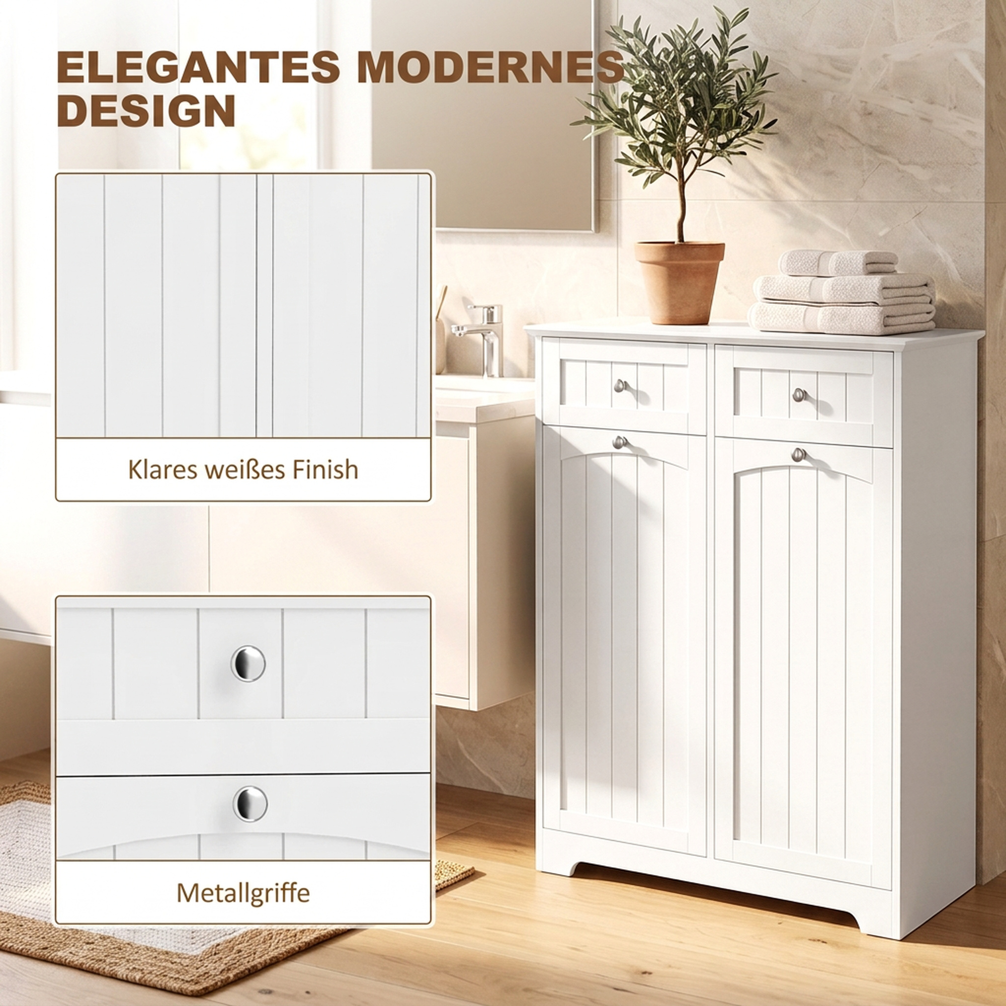 schmaler Badschrank freistehend mit Schubladen und Wäschekippe Badezimmerschrank 78x38x90 cm Weiß
