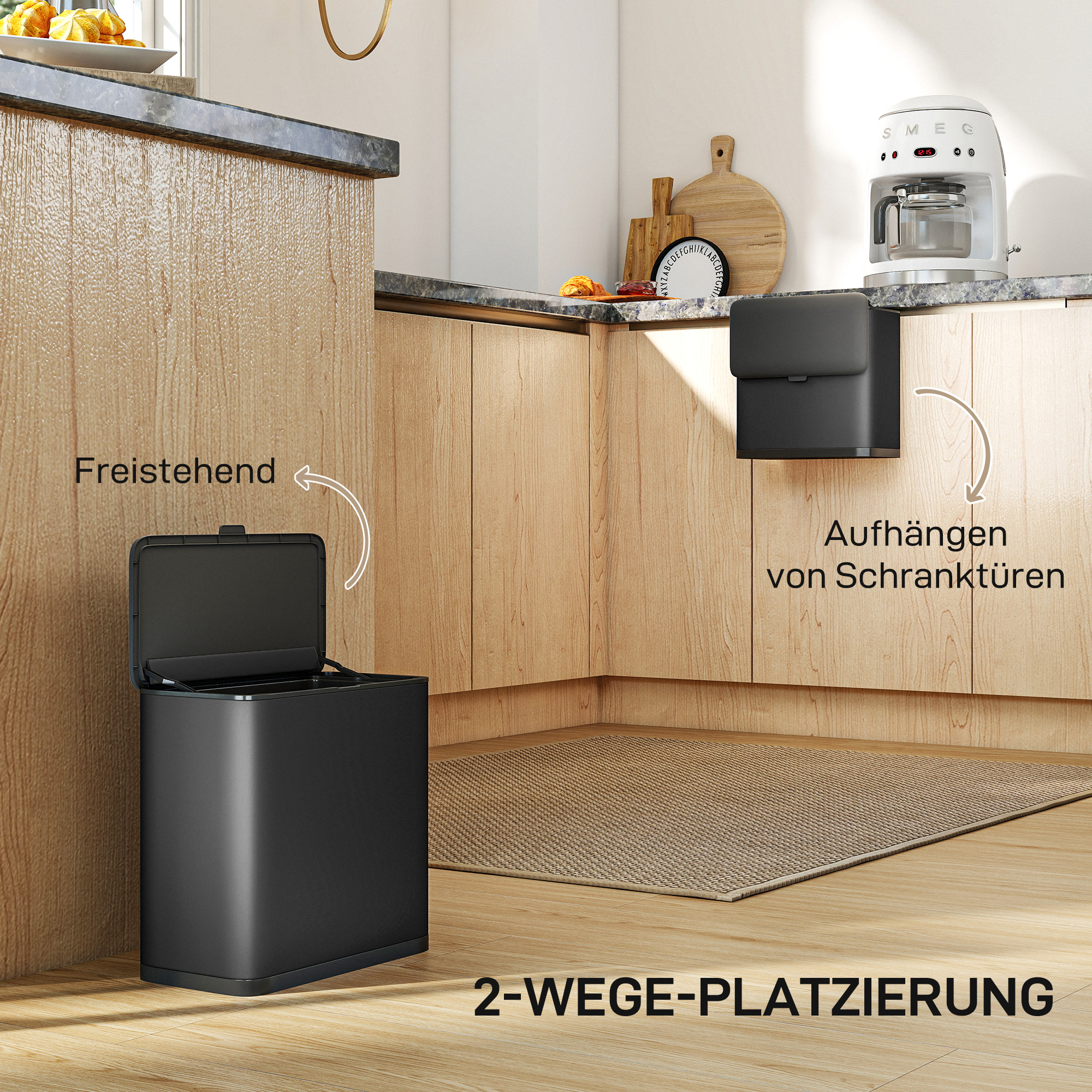 8 L Mülleimer, freistehend oder hängend platzierbar, Edelstahl, Schwarz