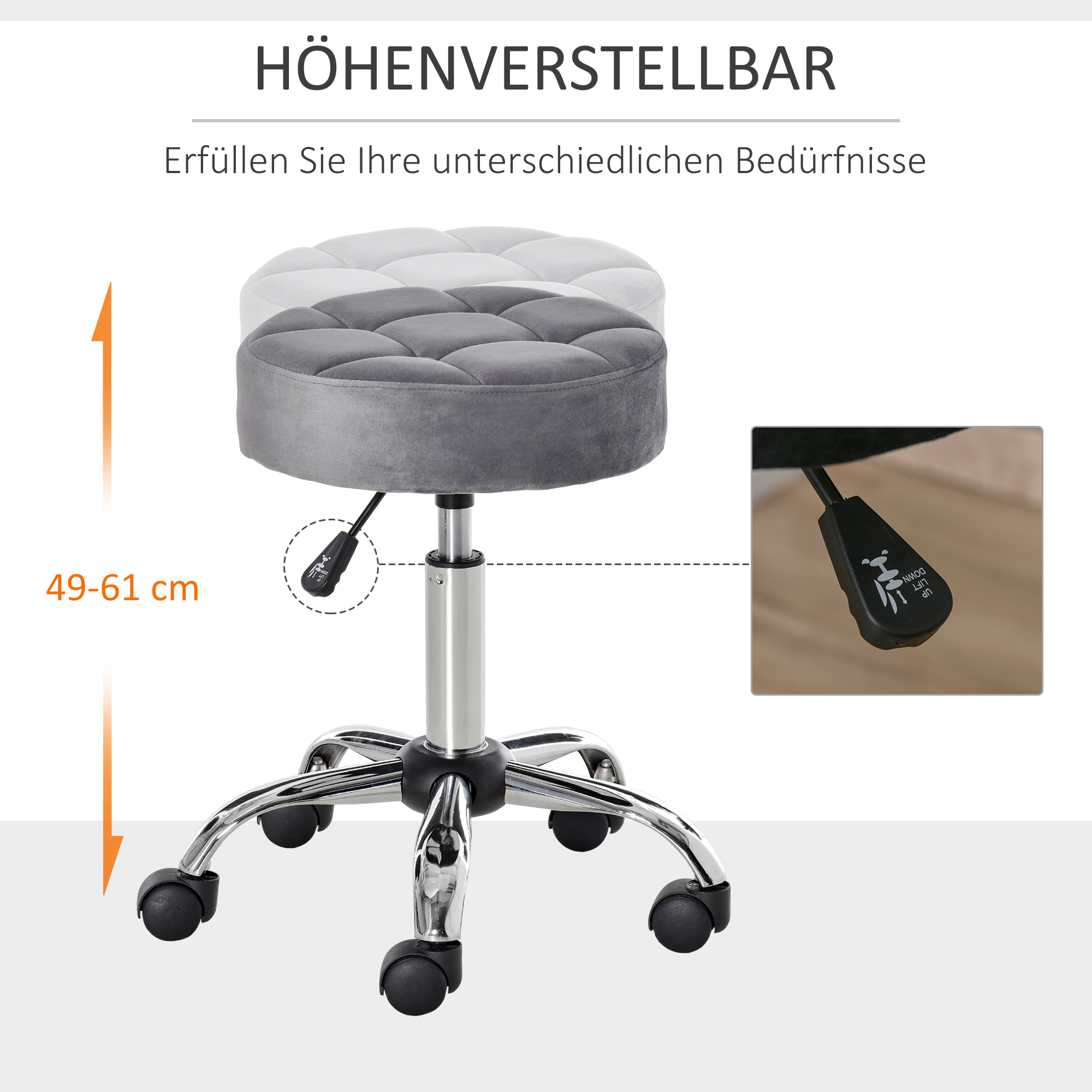 Salonstuhl mit Rädern Rollhocker höhenverstellbar drehbar Salon Hocker Samt-Touch Schaumstoff Chrom-Basis Hellgrau 35 x 35 x 49-61 cm