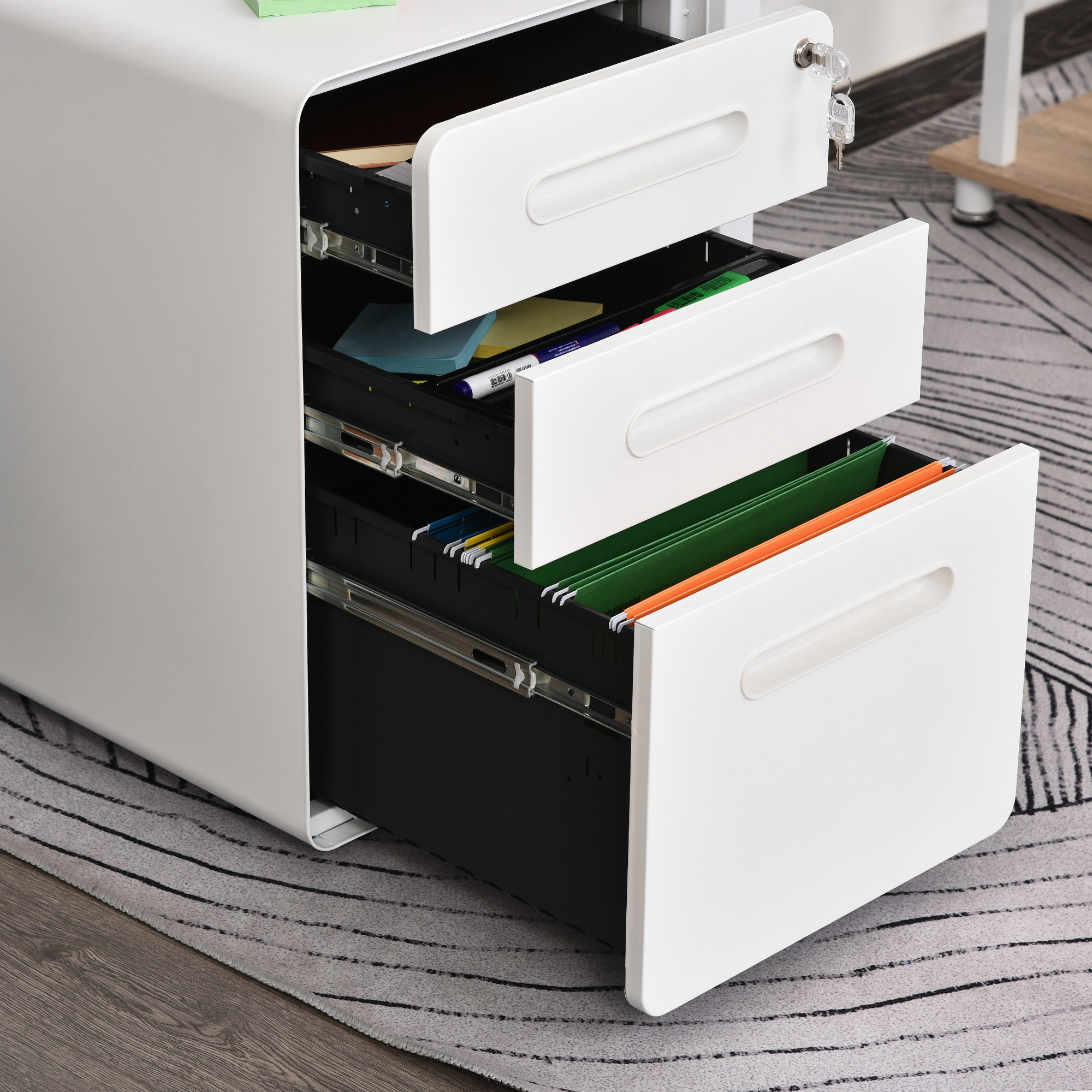 Rollcontainer, Aktenschrank, Bürocontainer mit 3 Schubladen, Büroschrank, Aufbewahrung, Container, Stahl, Weiß, 39 x 48 x 59 cm