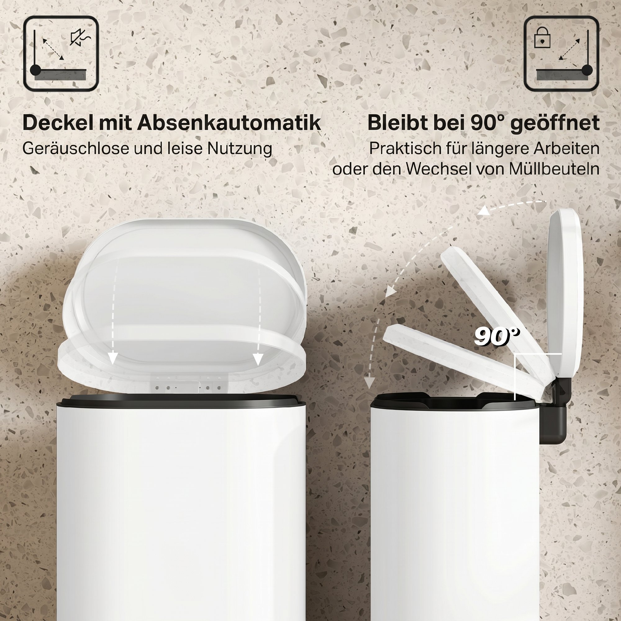 Mülleimer Küche 30 Liter Treteimer mit Soft-Close-Deckel, Pedal aus Metall, Cremeweiß, 36,5 X 31 x 61 cm
