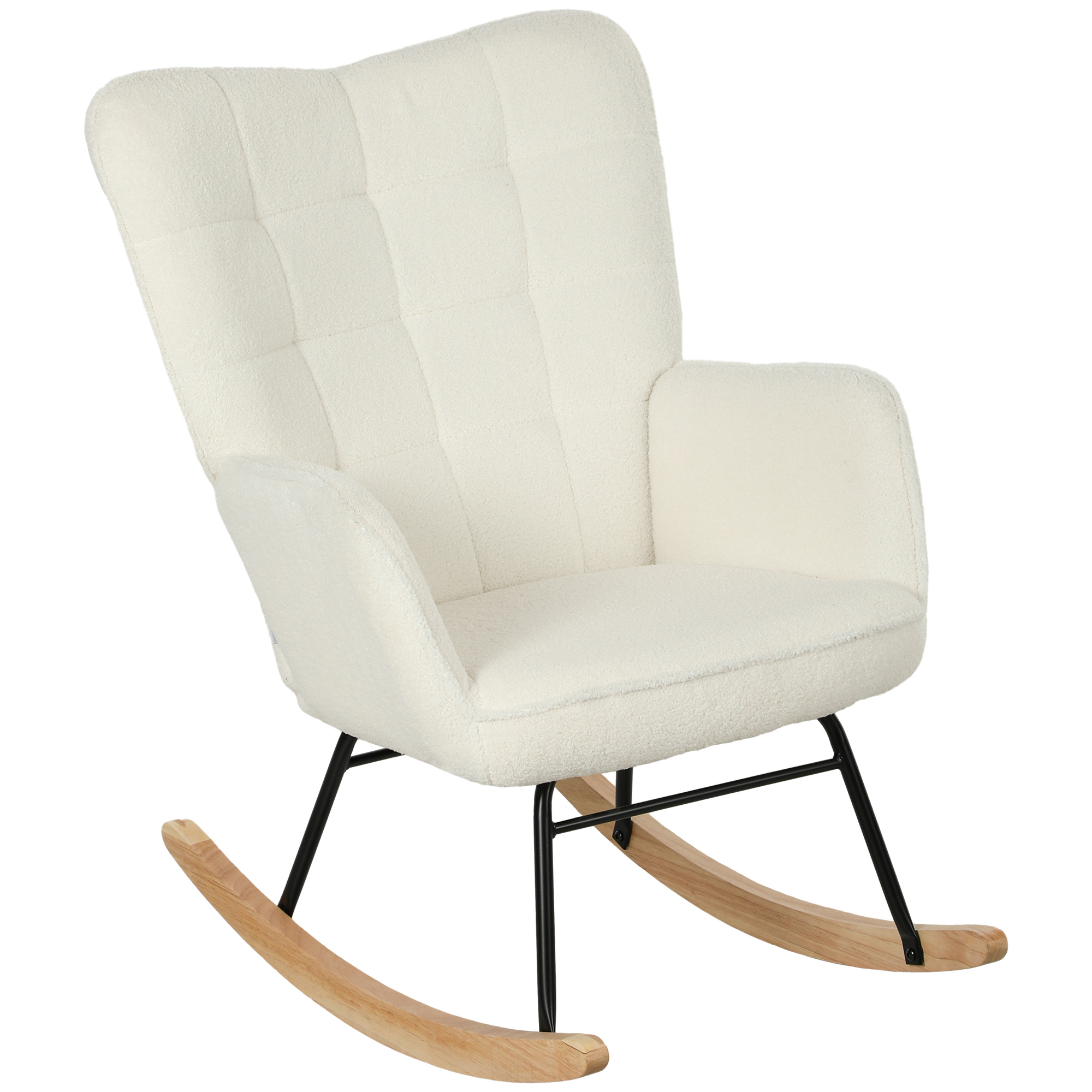 Schaukelstuhl in Vliesoptik mit Armlehnen, Ergonomischer Sessel mit Holzkufen, für Wohnzimmer, Schlafzimmer, Weiß Schaukelstuhl in Vliesoptik mit Armlehnen, Ergonomischer Sessel mit Holzkufen, für Wohnzimmer, Schlafzimmer, Weiß