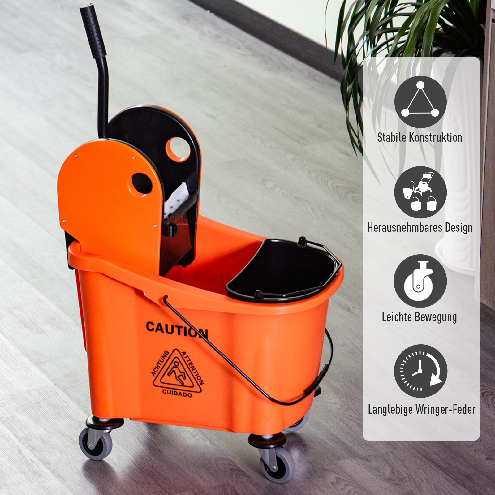 Reinigungswagen 36 Liter Fahreimer Putzeimer Wischwagen mit Auswringvorrichtung, Orange, 54 x 41 x 91,5 cm