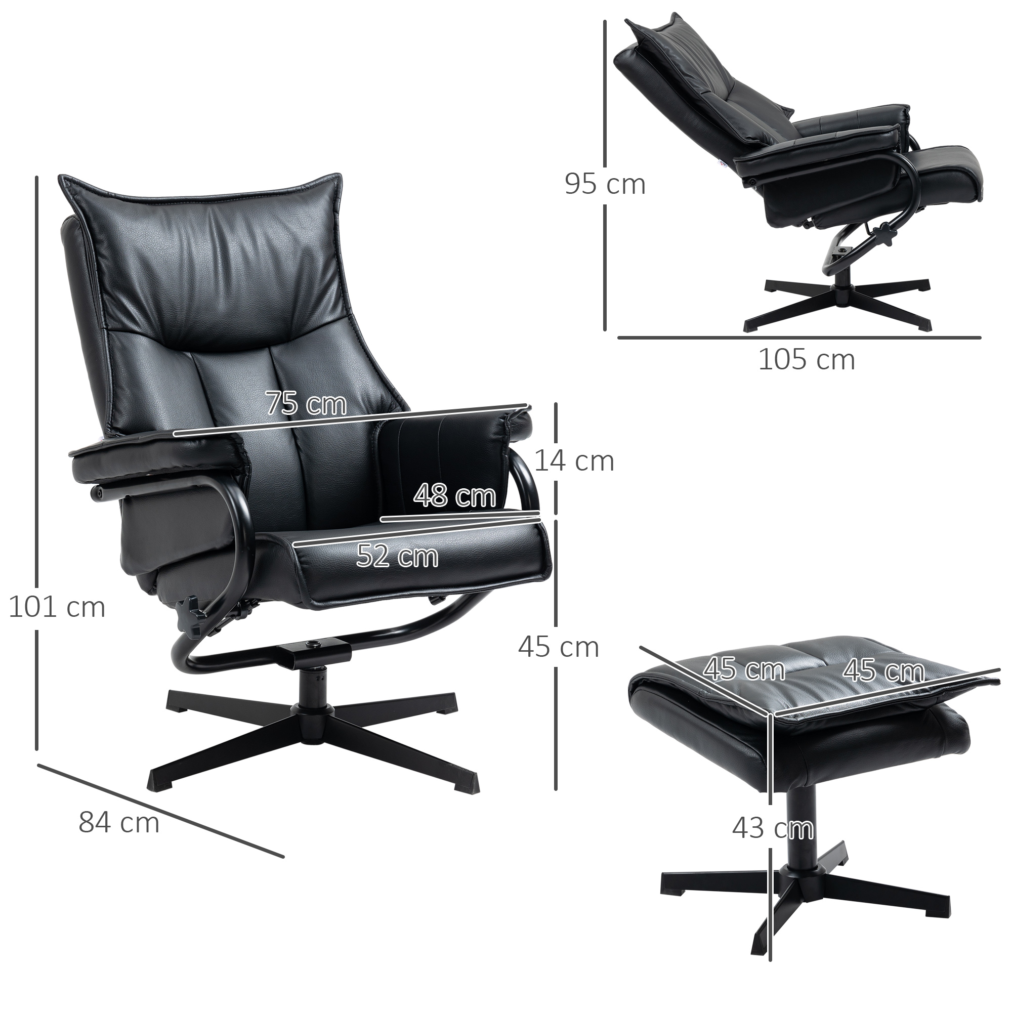Relaxsessel mit Hocker, drehbar, neigbare Rückenlehne, Stahlrahmen, schwarz