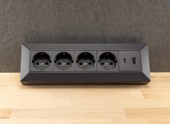 4-fach Steckdosenblock, USB-A+C, schwarz / 250V~/ 16A, Aufbaumontage, USB 3,1A, PD