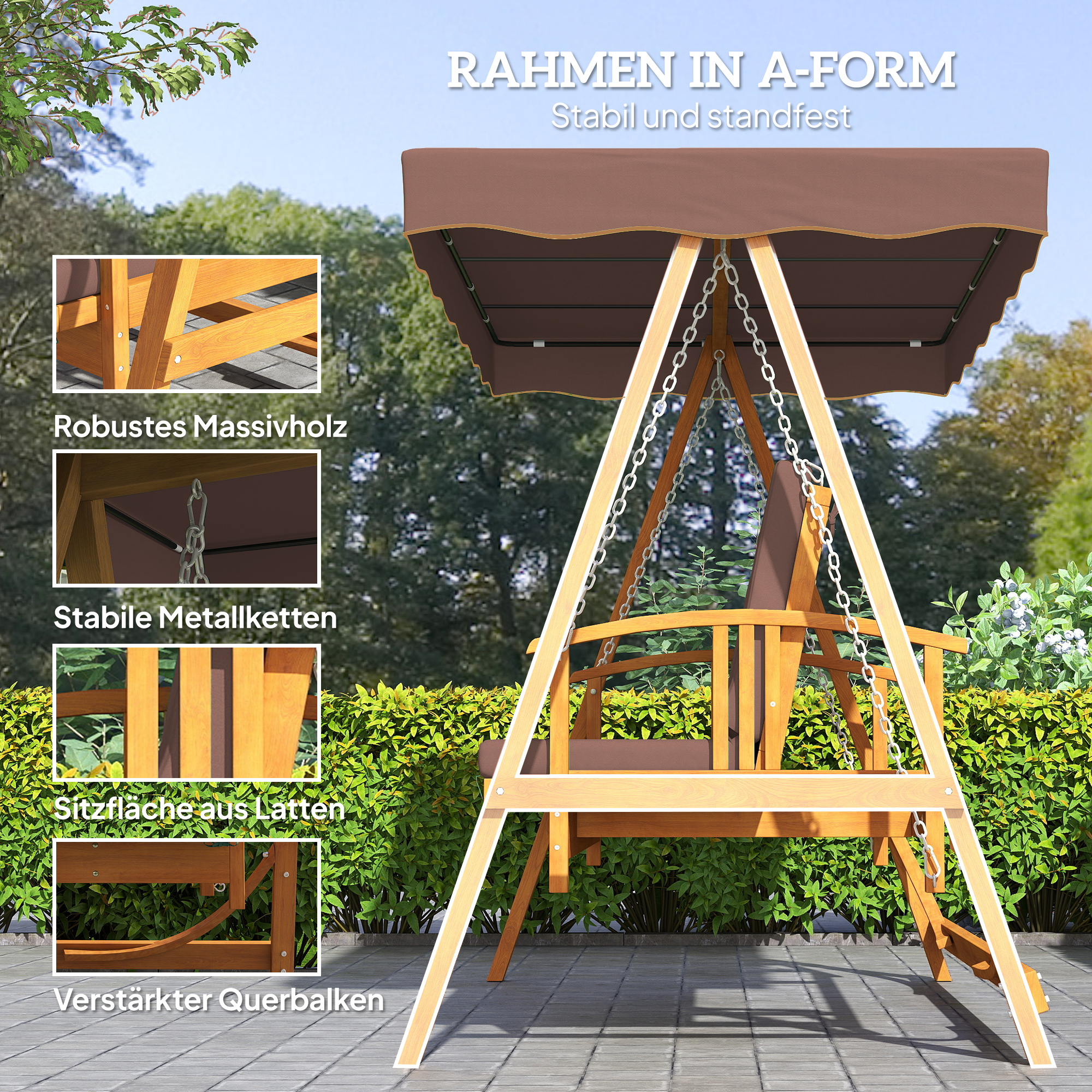 Hollywoodschaukel mit Sonnendach, Echtholz-Gartenschaukel, Schaukelbank mit Liege-Funktion, für 3 Personen, Braun