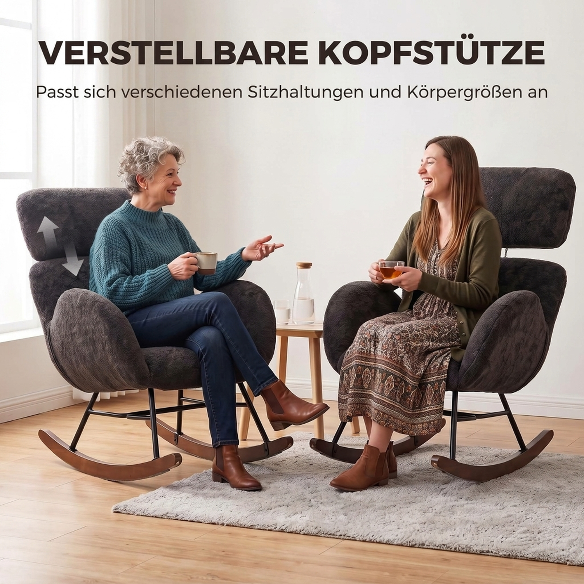 Polster-Schaukelstuhl mit verstellbarer Kopfstütze, Velours in Regentropfen-Optik, Gestell aus Gummibaumholz, Dunkelgrau