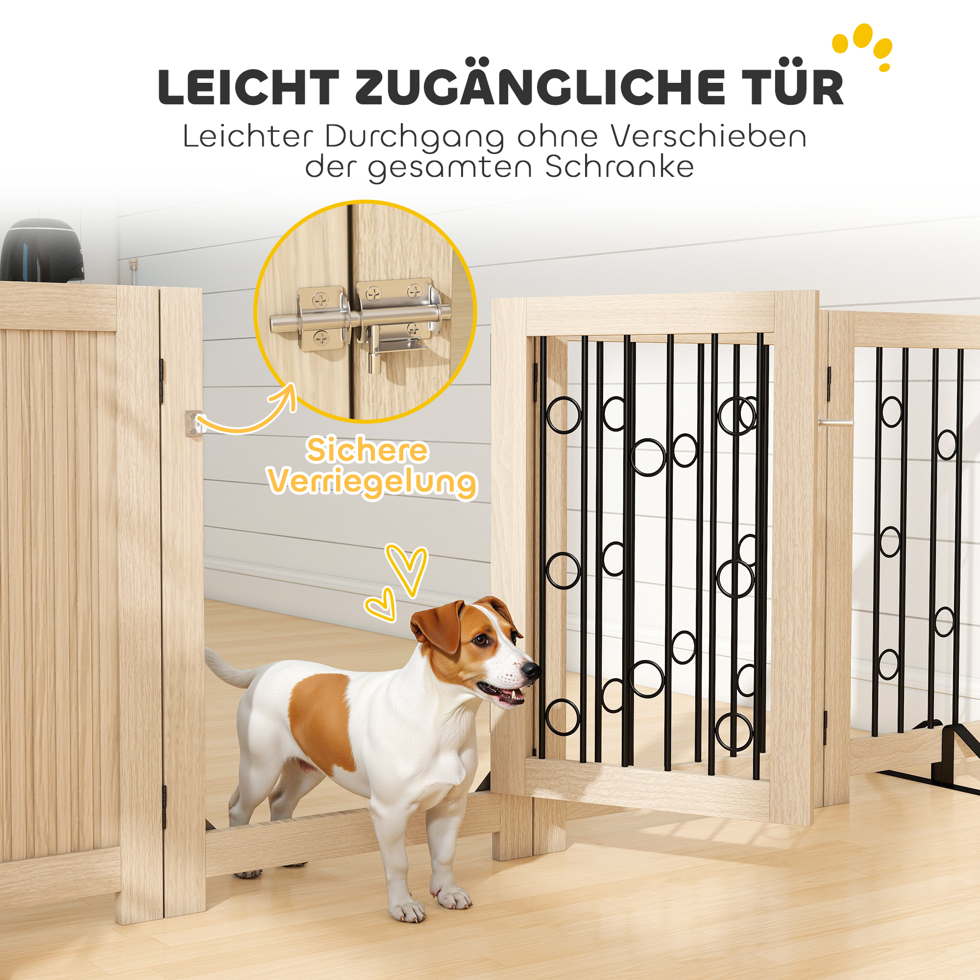 freistehendes Haustiertor, Hundegitter mit Tür, 4 Paneele, für Flur, Treppe, Türrahmen, MDF, Stahl