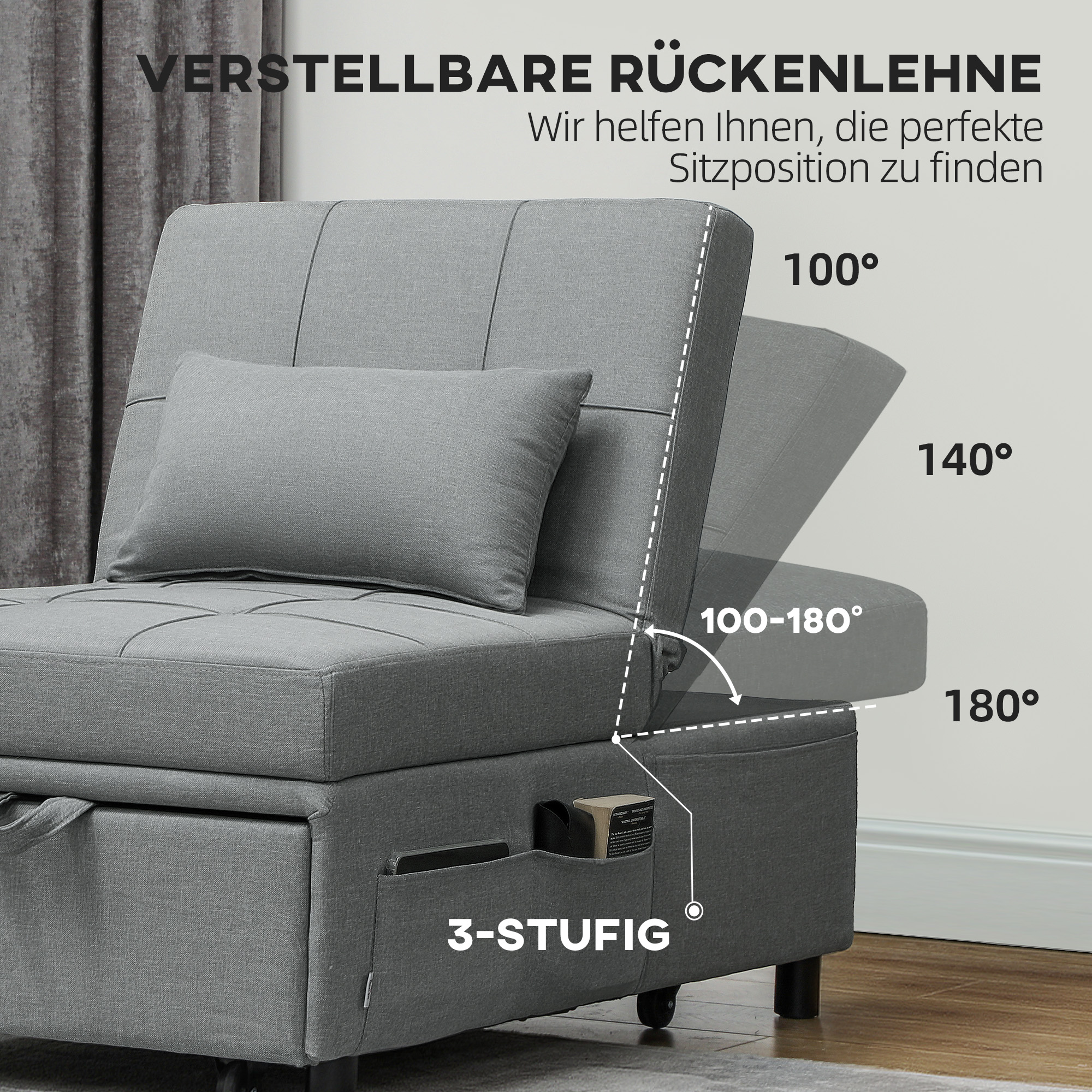 3-in-1 Klappsessel mit Seitentasche, Gästebett mit Kissen, Verstellbarer Rückenlehne, Bettsessel mit Rollen, Hellgrau