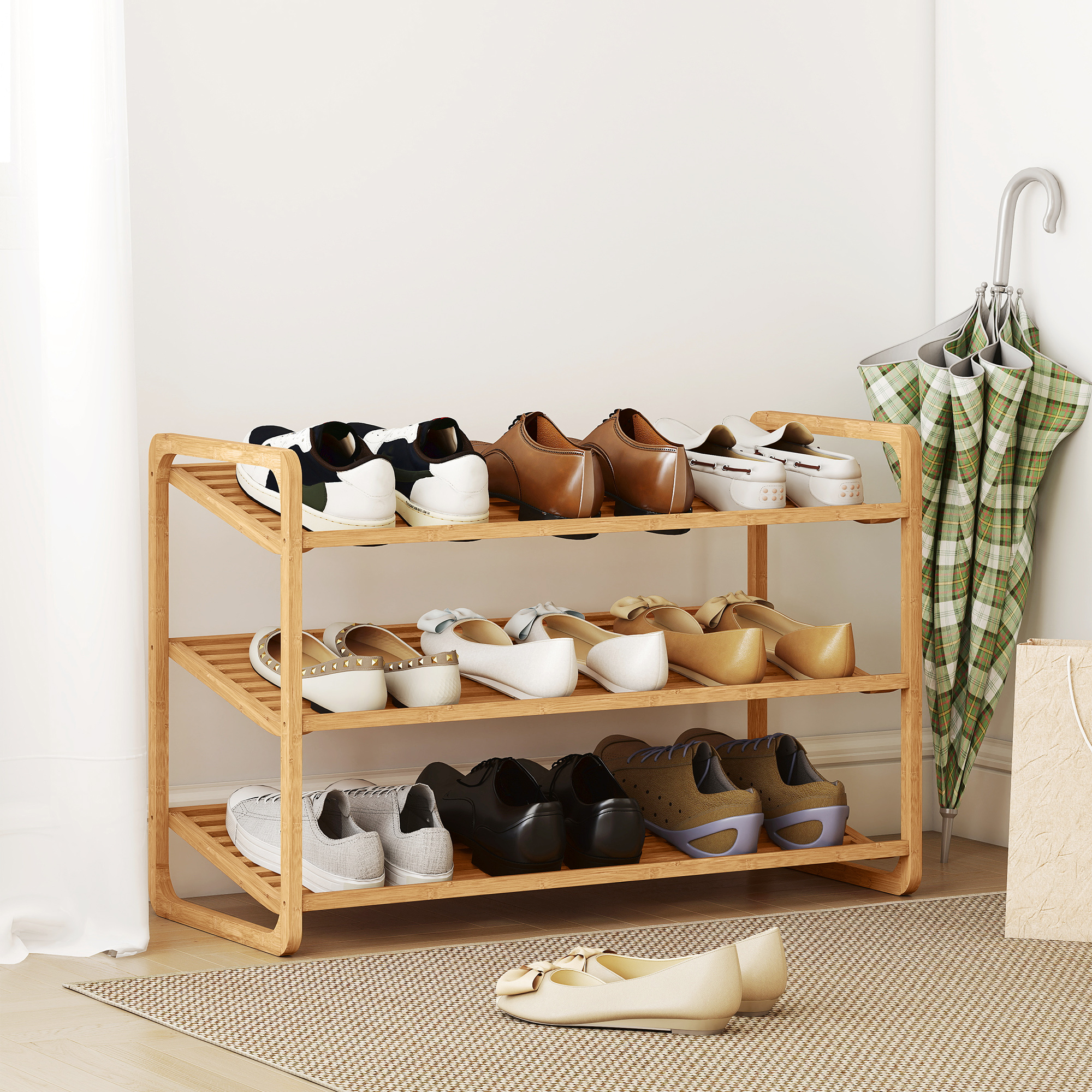 Bambusregal, Schuhregal, Flurregal, 3-stufiges Design, 30 kg Belastbarkeit, Holz