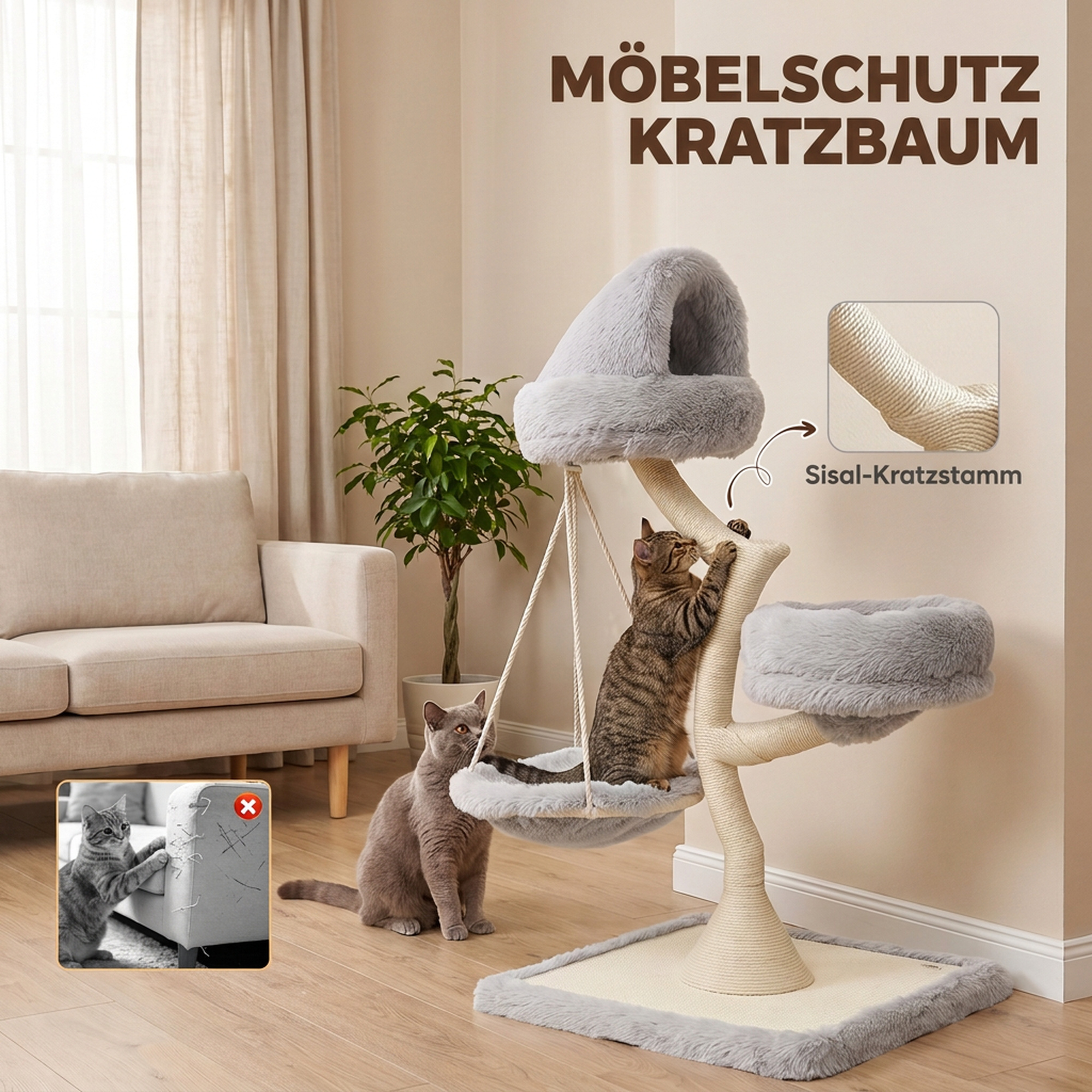Kratzbaum 115 cm hoch Katzenbaum mit Baumform 2 waschbaren Betten Hängematte Sisal-Kratzstamm, für Katzen unter 6 kg