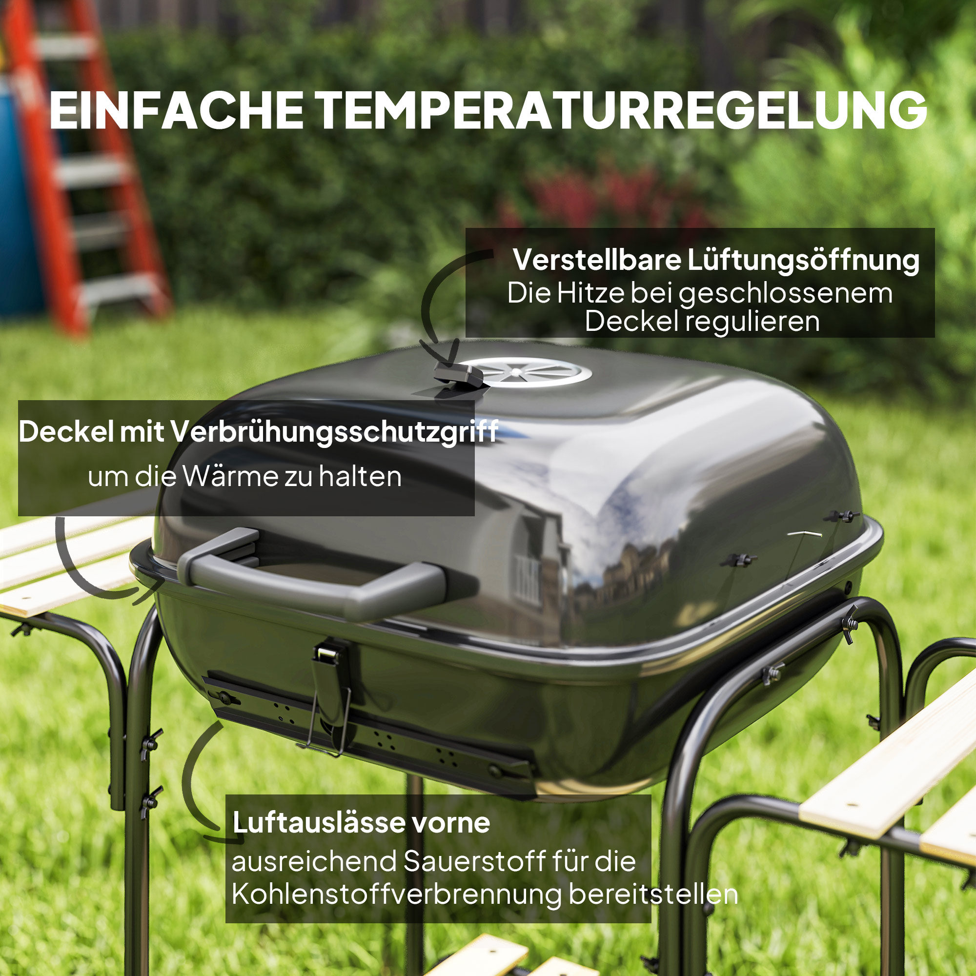 Holzkohlegrill aus Stahl Grillwagen mit abschließbarem Deckel Grillrost Räder Griff Holzablage 98 x 54 x 91 cm Schwarz