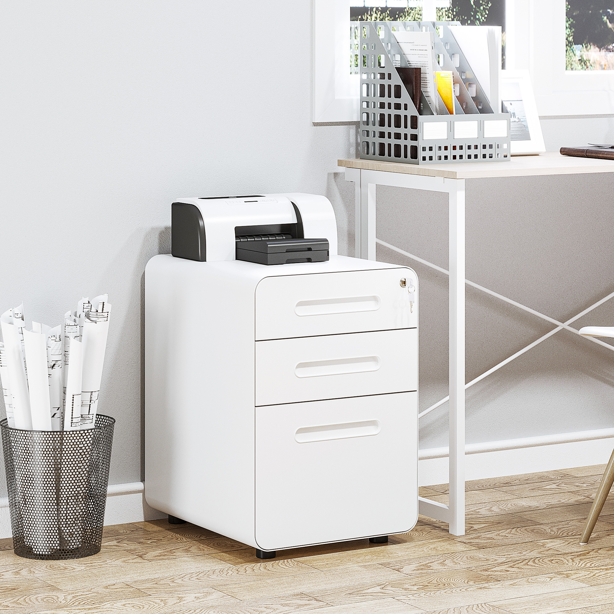 Rollcontainer, Aktenschrank, Bürocontainer mit 3 Schubladen, Büroschrank, Aufbewahrung, Container, Stahl, Weiß, 39 x 48 x 59 cm
