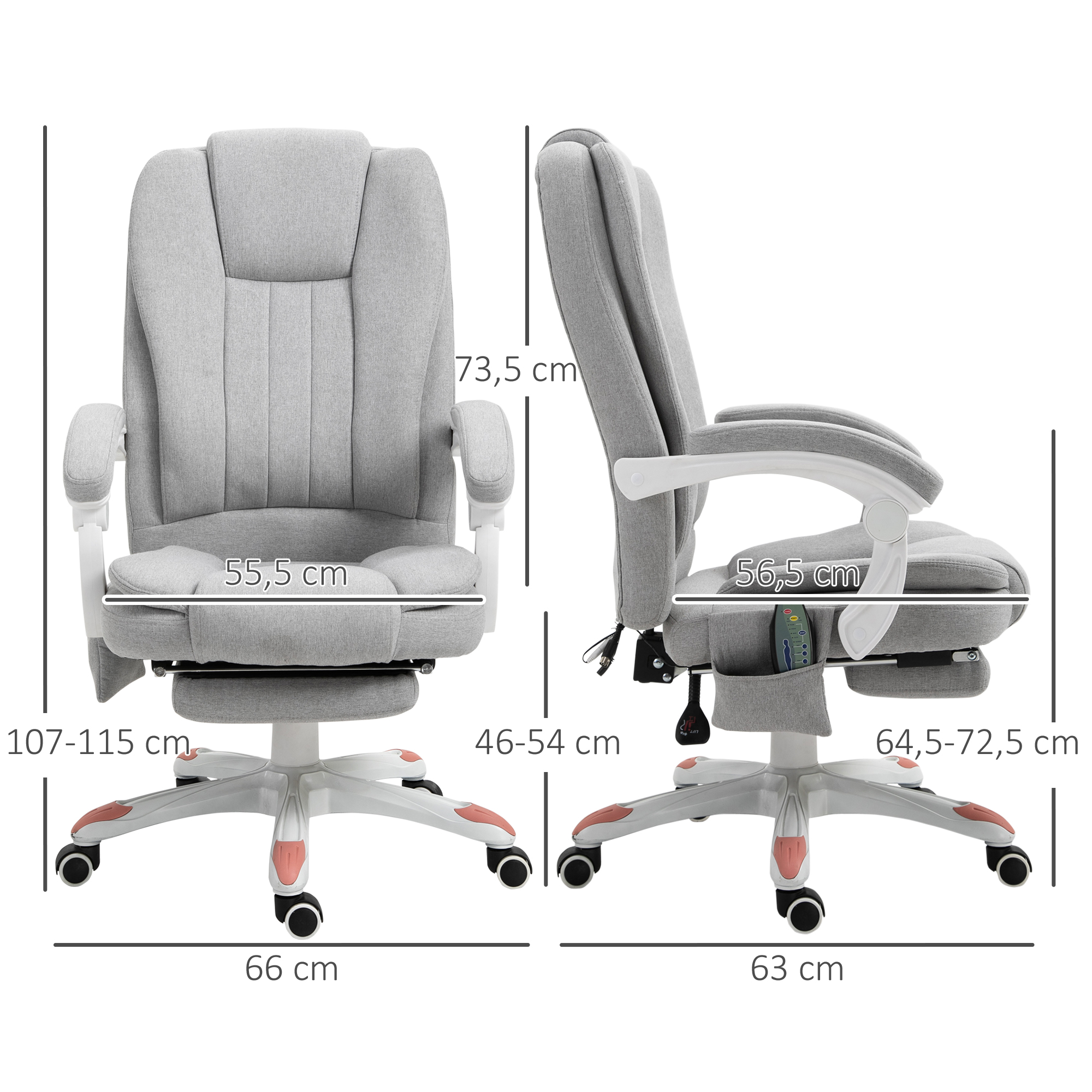 Massage Sessel, Bürostuhl, Gaming Stuhl, Polyester, Schaumstoff, Nylon, Grau, 66 x 63 x 107-115 cm