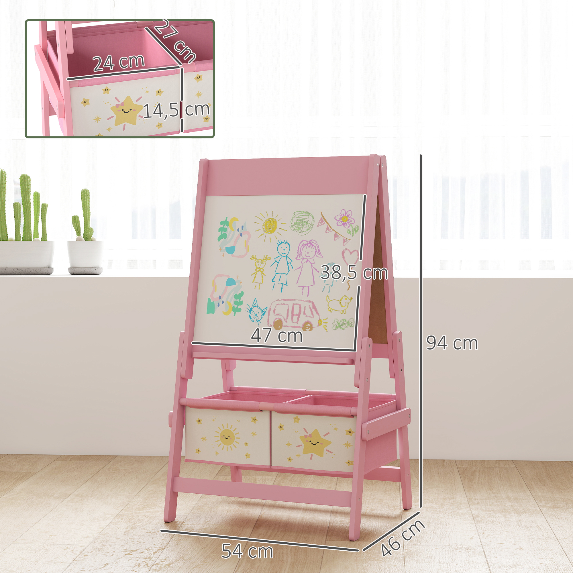 Kinder Staffelei 3 in 1 Kindertafel mit Kreidetafel, Whiteboard, Papierrolle, 2 Aufbewahrungsboxen, für 3-8 Jahre Rosa