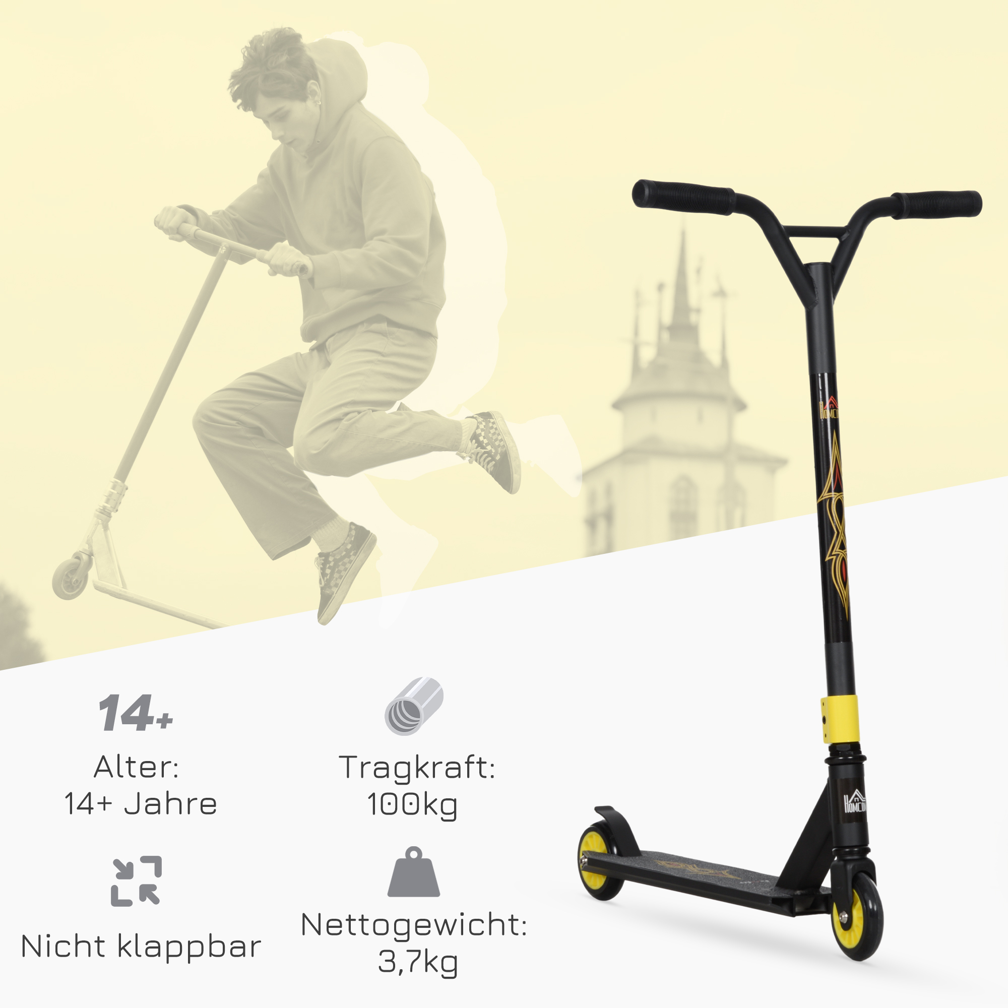 Pro Stunt-Scooter, Tretroller für Freestyle Tricks, Aluminium, Metall, Kunstleder, für Kinder und Erwachsene, Gold