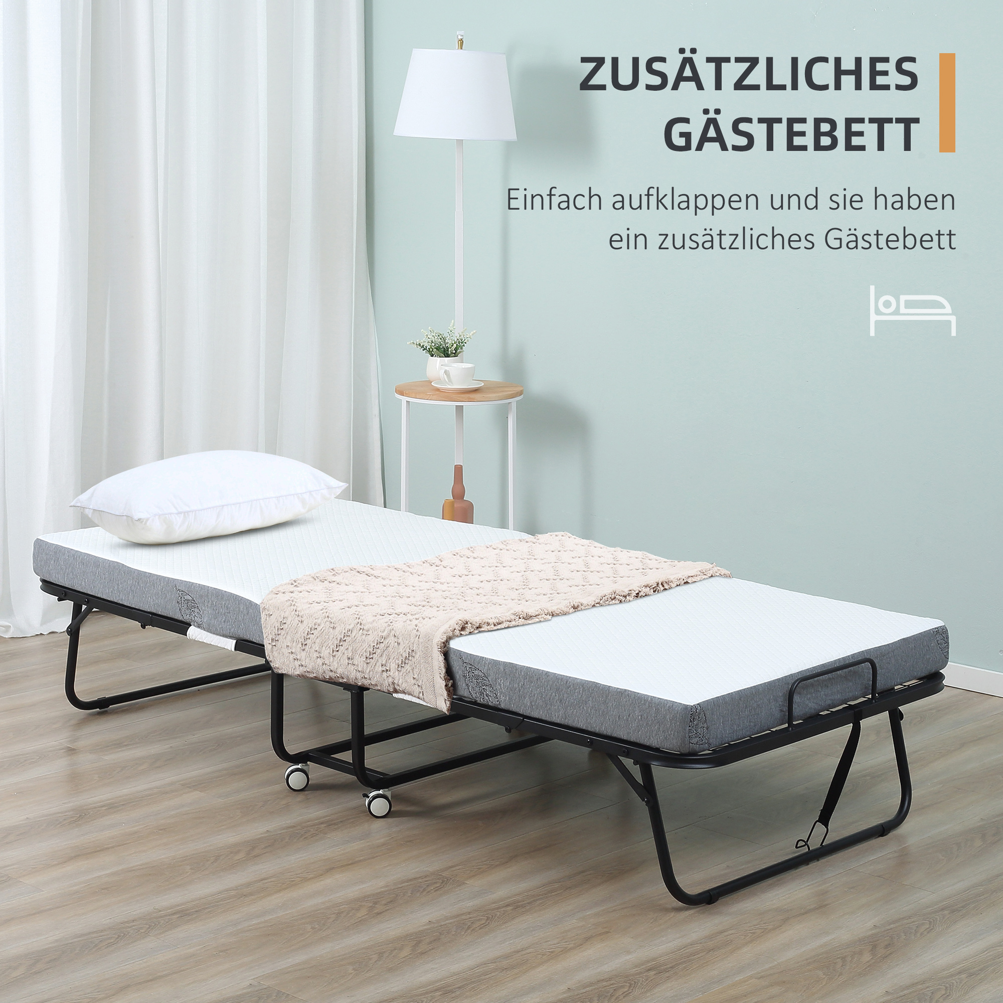 Klappbett 80x200 cm Erwachsene Gästebett Klappbar mit 10cm Dicker Schaumstoff Reisebett mit Stahlrahmen Feldbett mit Rollen bis 150 kg belastbar Einzelbett