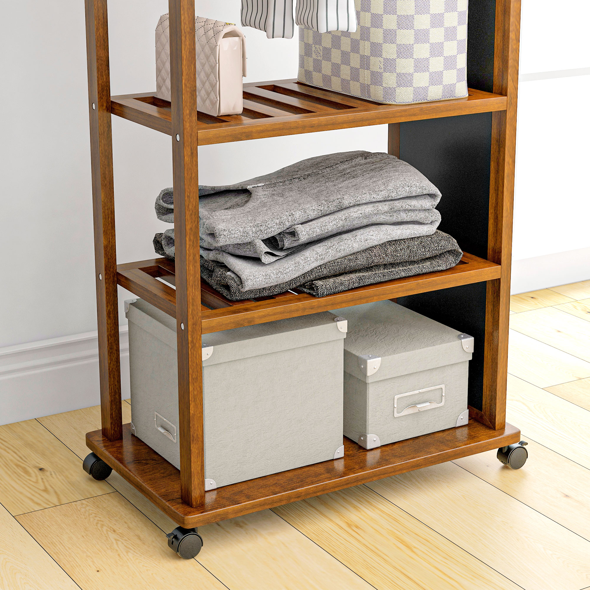 2-in-1-Spiegel Spiegel Ganzkörperspiegel Garderobe, 1 Kleiderstange, 3 Regale, 35,8 x 59,8 x 170 cm, Natur