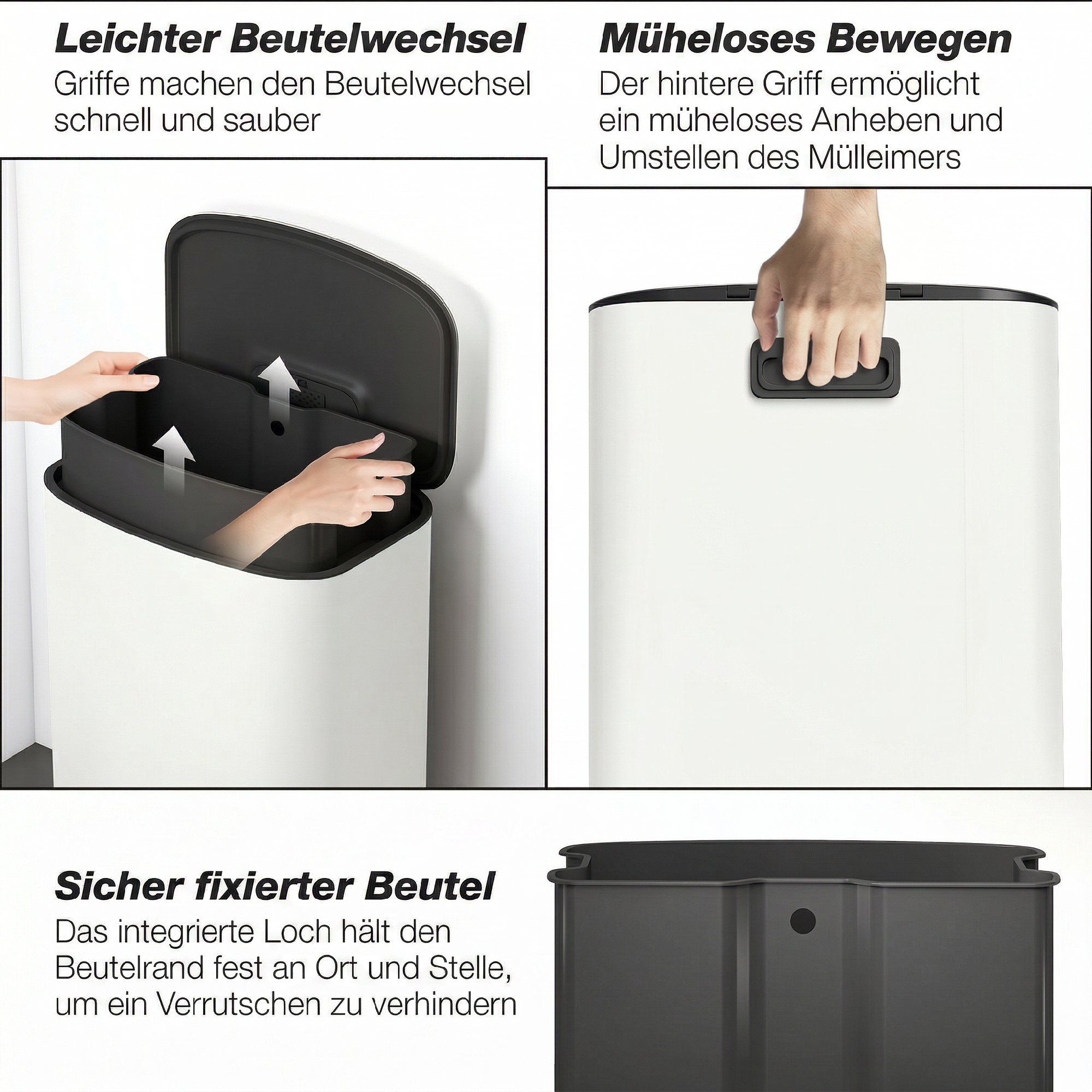Mülleimer Küche 50 Liter Treteimer mit Bleib-Offen-Funktion, Soft-Close-Deckel, Pedal, Cremeweiß