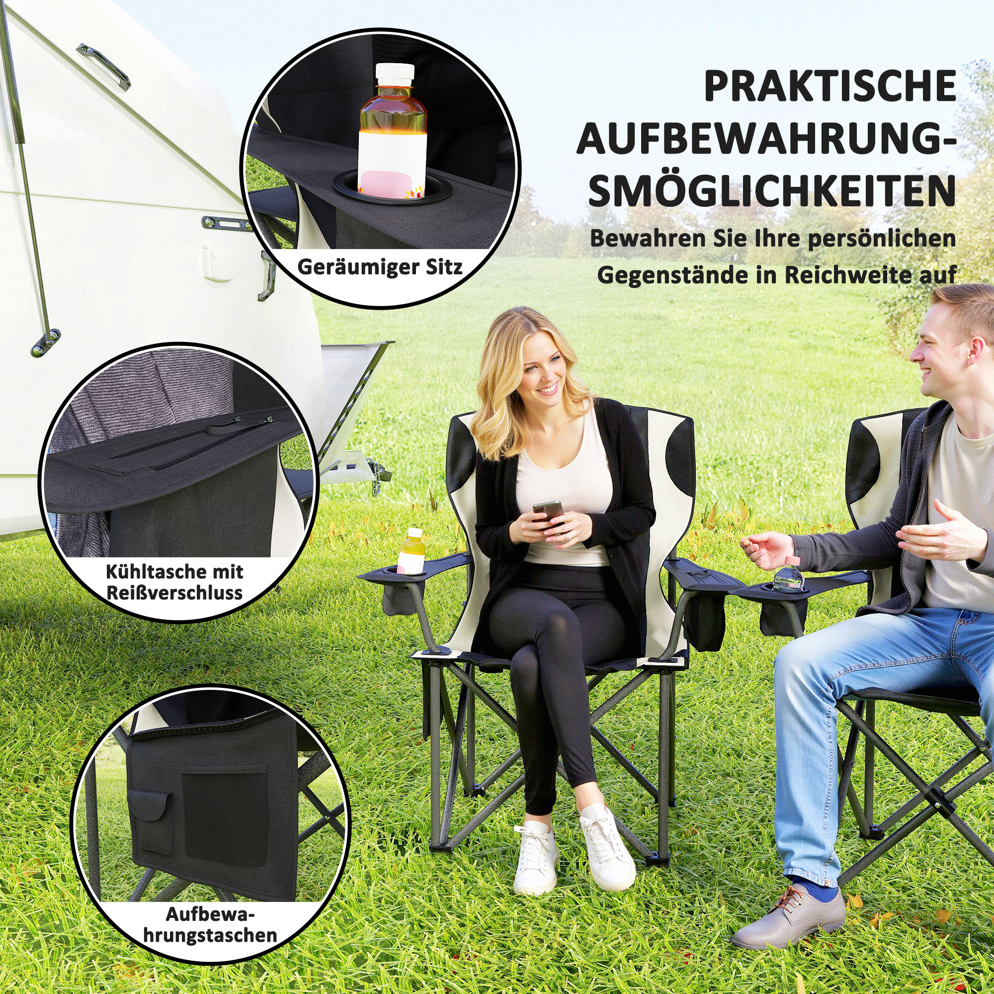 2er Set Faltstuhl faltbar Campingstuhl mit Armlehnen Getränkehalter Kopfstütze Kühltasche Schwarz