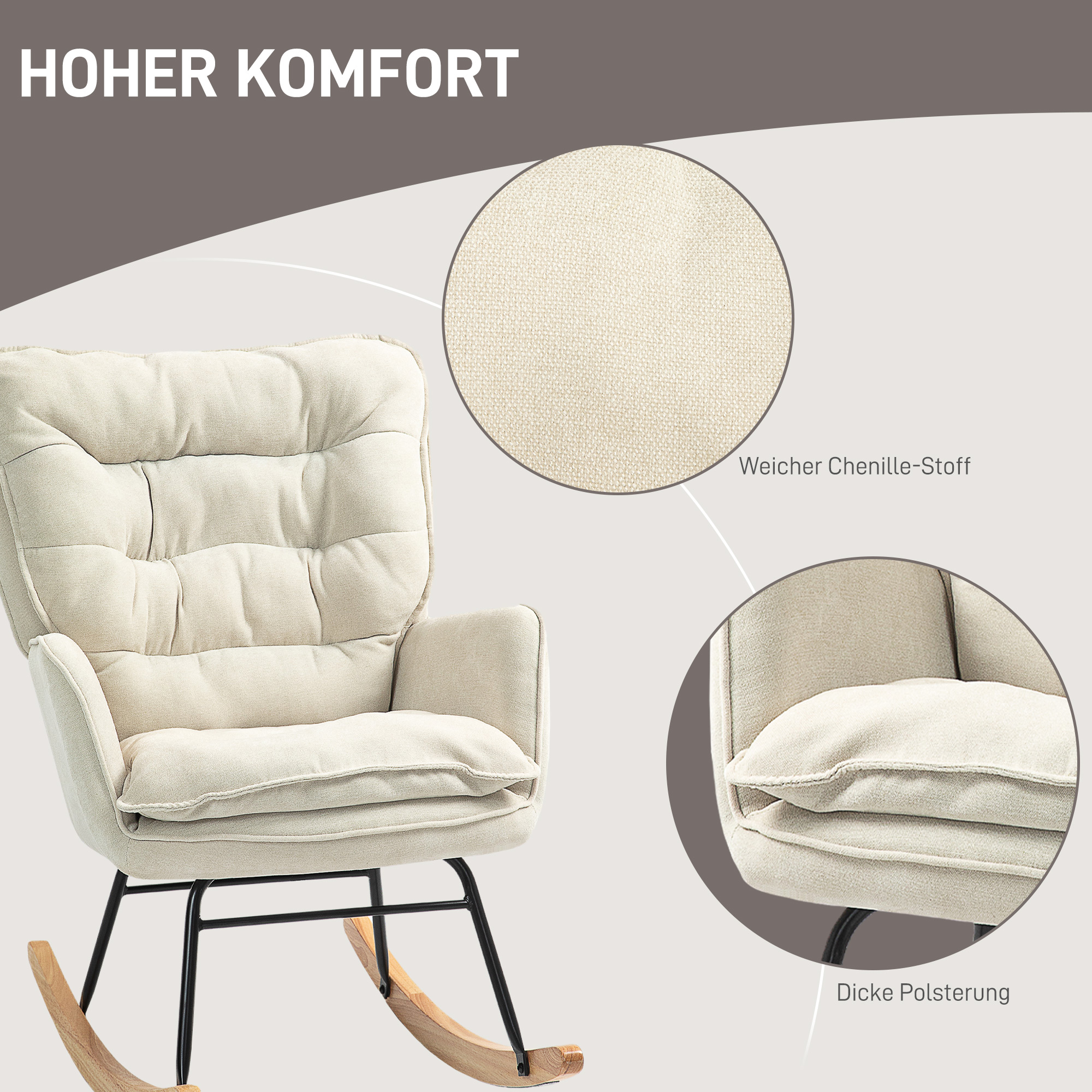 Schaukelstuhl, breiter Sitz, hohe Rückenlehne, Buchenholzrahmen, bis 120 kg, Beige
