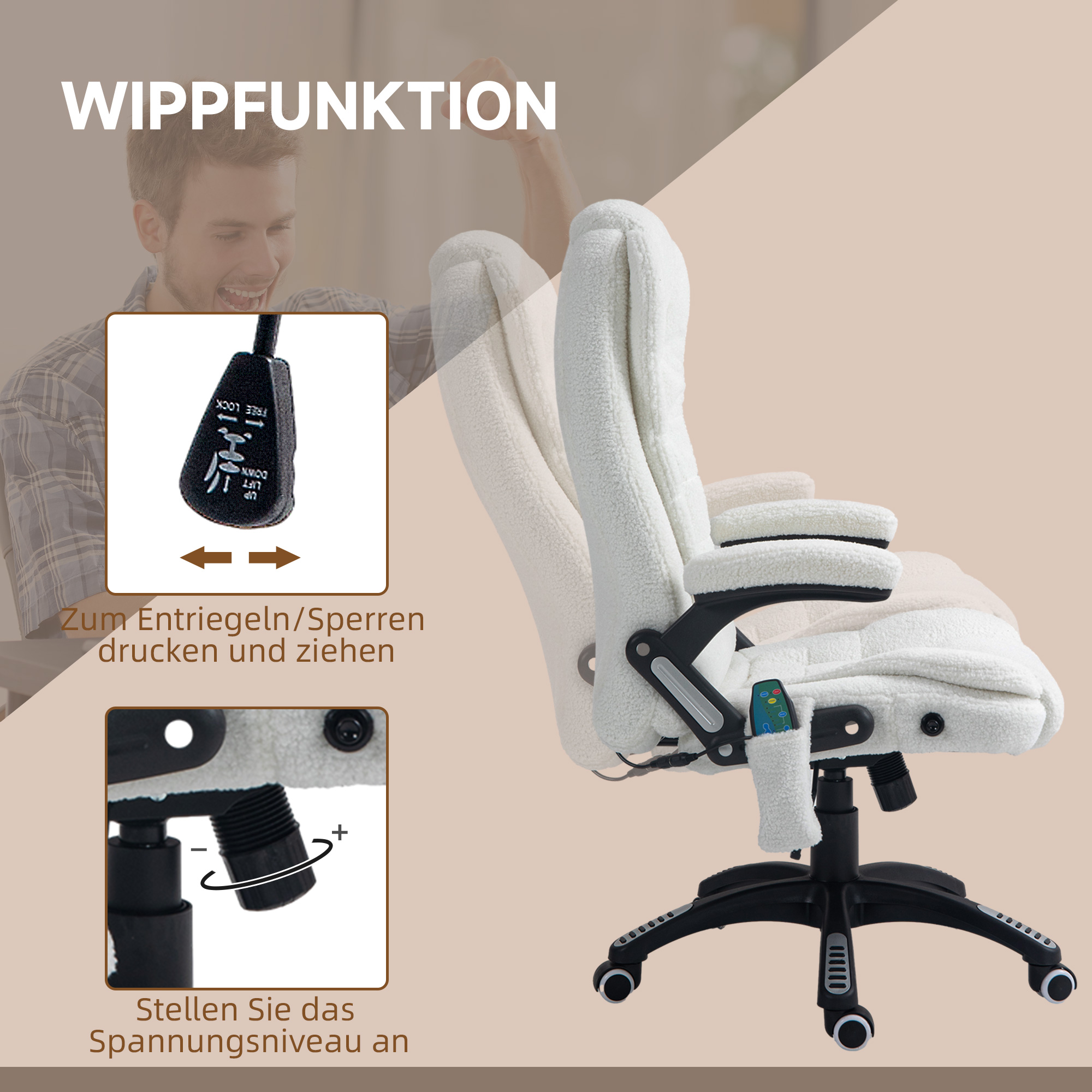 Bürosessel Massagefunktion Massagebürostuhl, Massagefunktion, höhenverstellbar, 67 x 74 x 107-116 cm, Weiß
