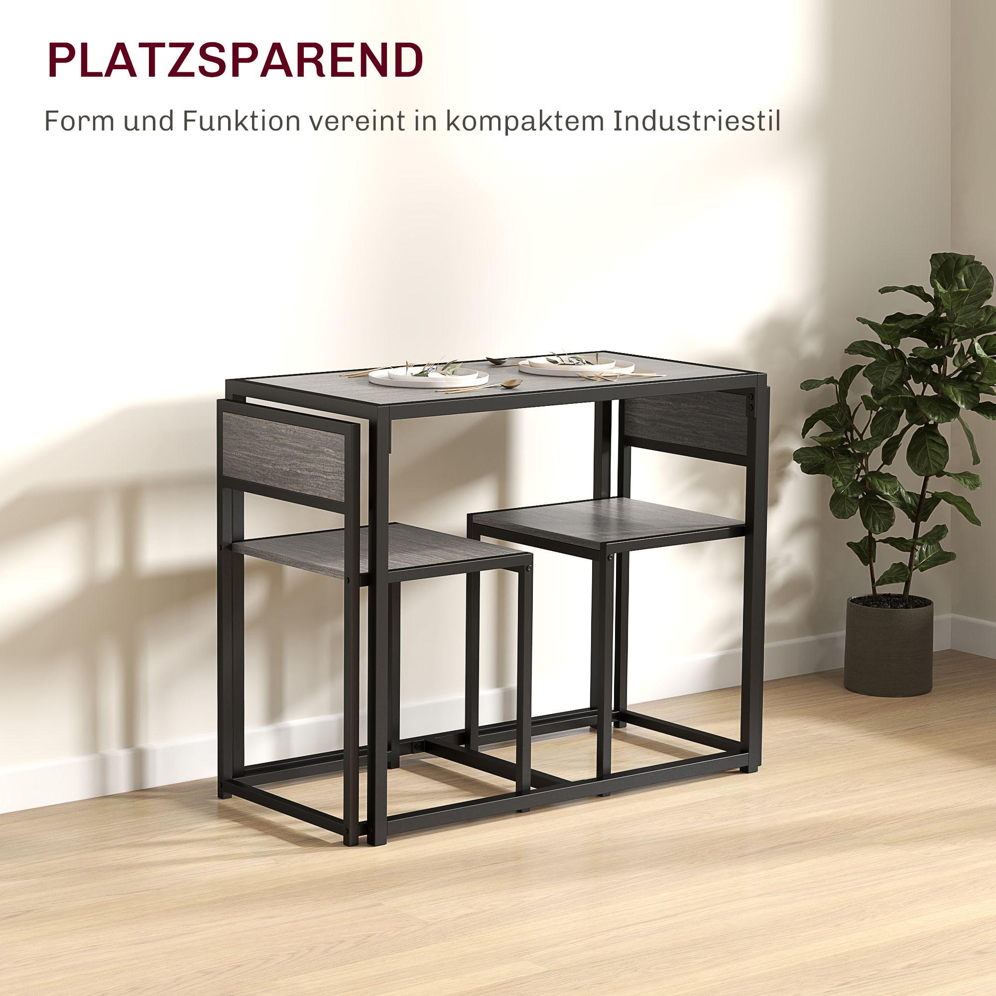 3-teiliges Bartisch-Set Hochtisch-Set 3-teilig, 2 Stühle, 1 Tisch, 90 cm x 47 cm x 76  cm, Grau