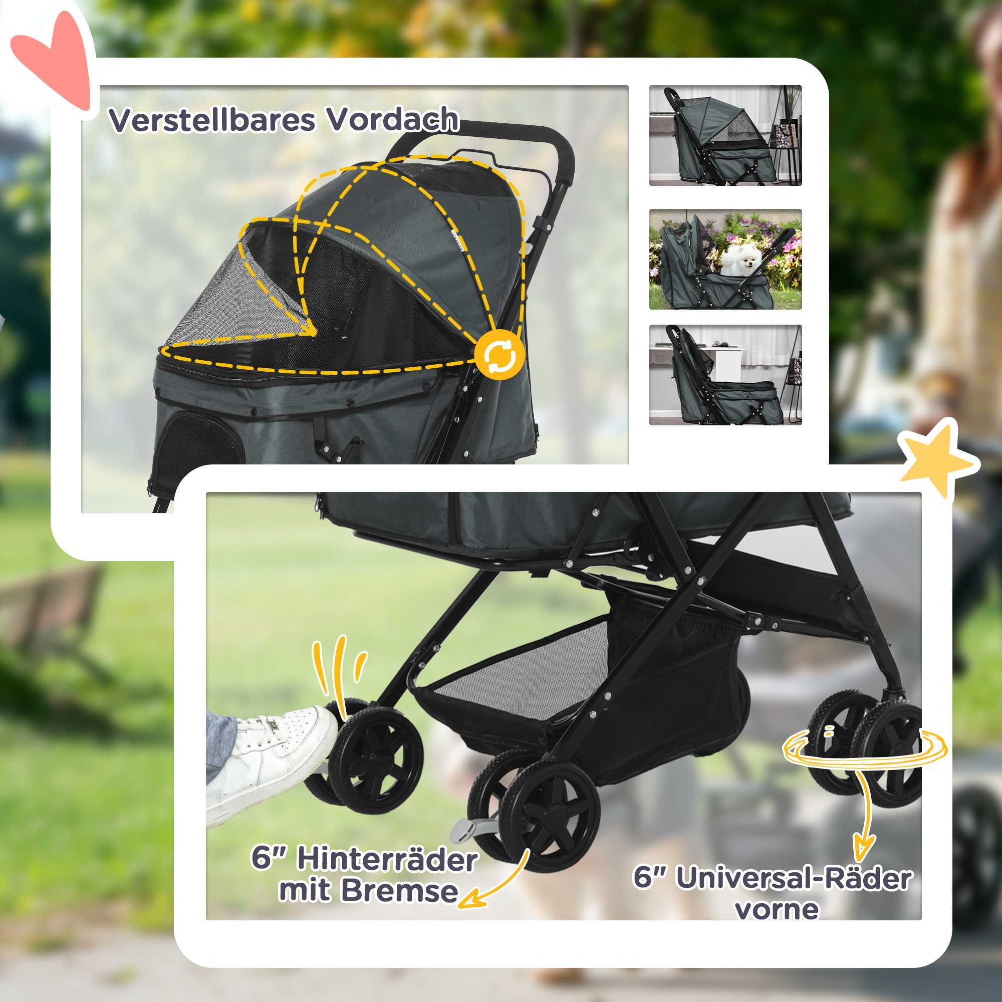 Hundebuggy Hundewagen bis 10 kg Klappbar Netzfenster Ablagekorb verstellbares Vordach Dunkelgrau 76,5 x 52 x 95 cm