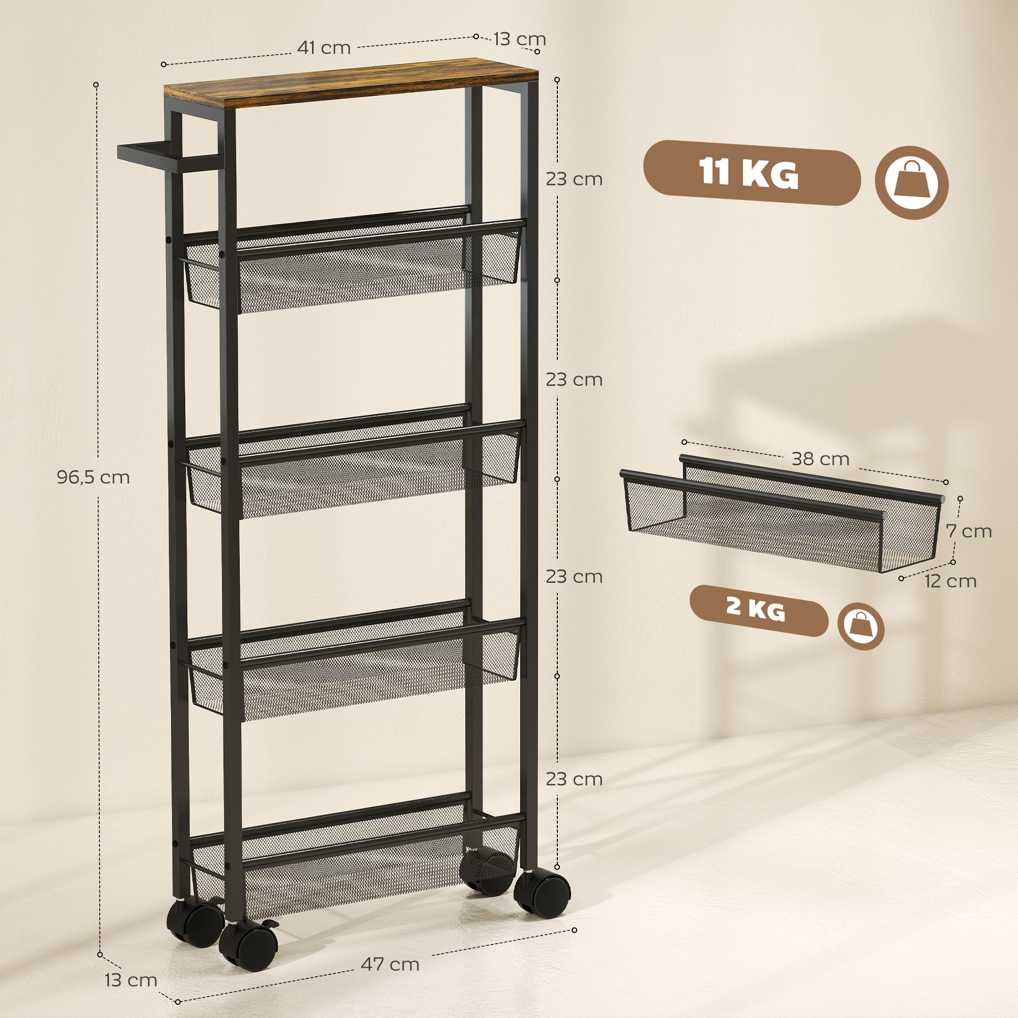 Küchenwagen Servierwagen mit 5 Ebenen, Rollwagen Küchenregal mit Arbeitsplatte, Rollen Griff 47 x 13 x 96,5 cm, Schwarz