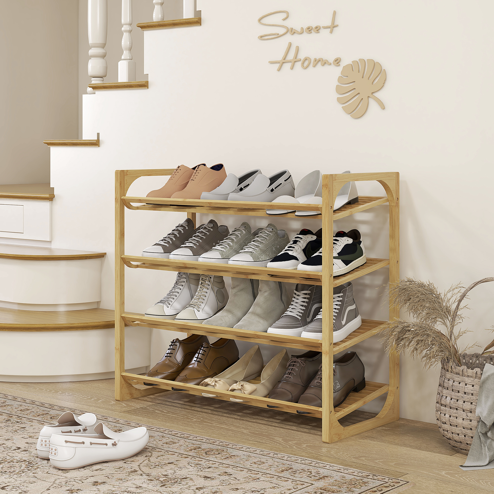 Schuhregal aus Bambus, 15,5 cm Regalhöhe, belüftetes Latten-Design, 76 x 33 x 67 cm, Naturholz-Effekt