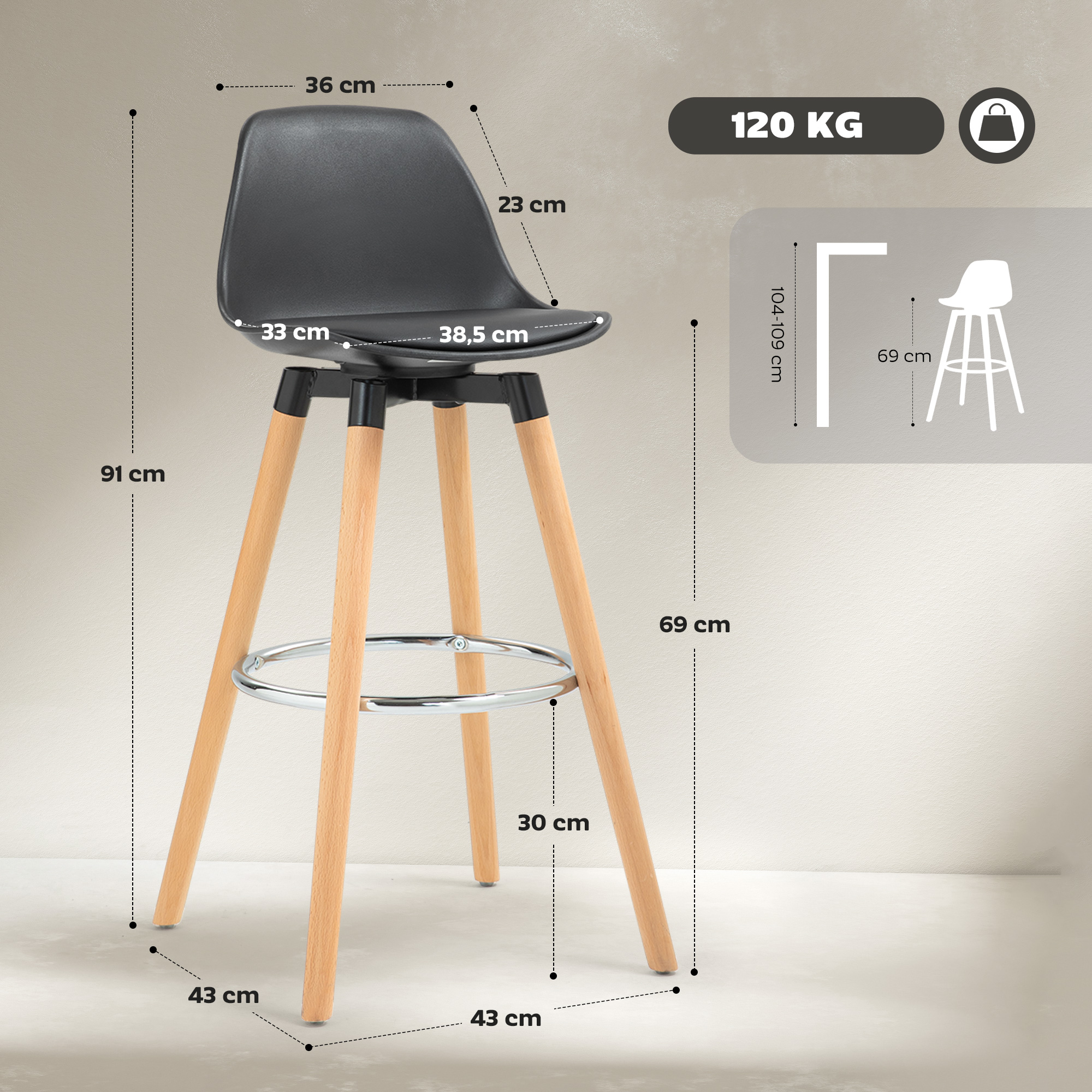2er-Set Barhocker Barstühle Skandi-Design, Fußtstütze, 43 cm x 43 cm x 91 cm, Natur + Schwarz
