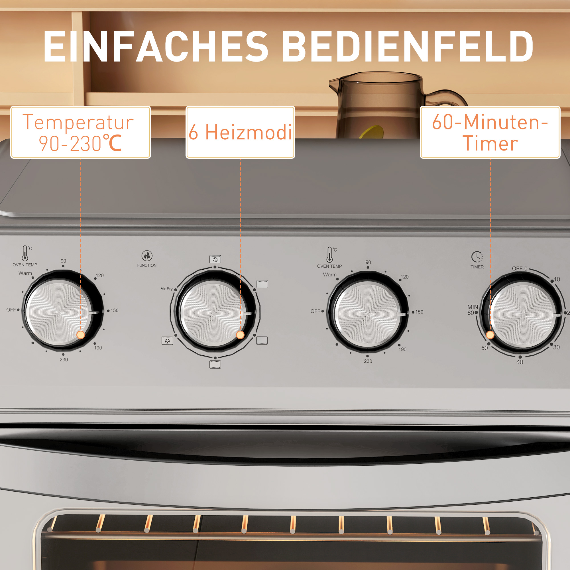 Minibackofen mit Umluft, Heißluftfritteuse, 6 Heizmodi, Timer, Zubehör, 24L, Silber