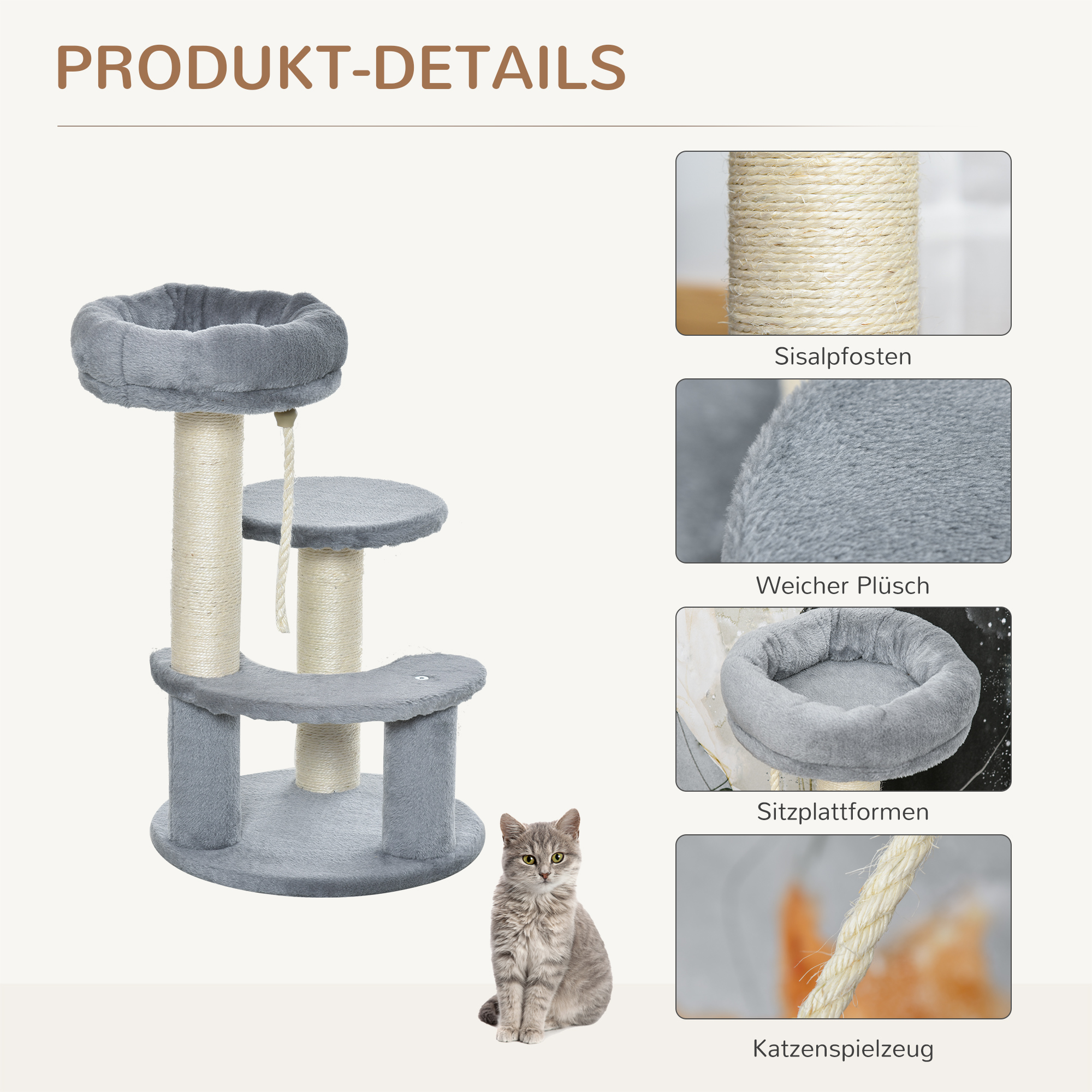 Katzenbaum Kletterbaum mit Hängematte, 3-Stufiger Spielbaum mit Katzenbett Katzenkratzbaum mit Sitzplattform, Sisalsäulen, Grau Ø40 x H65 cm