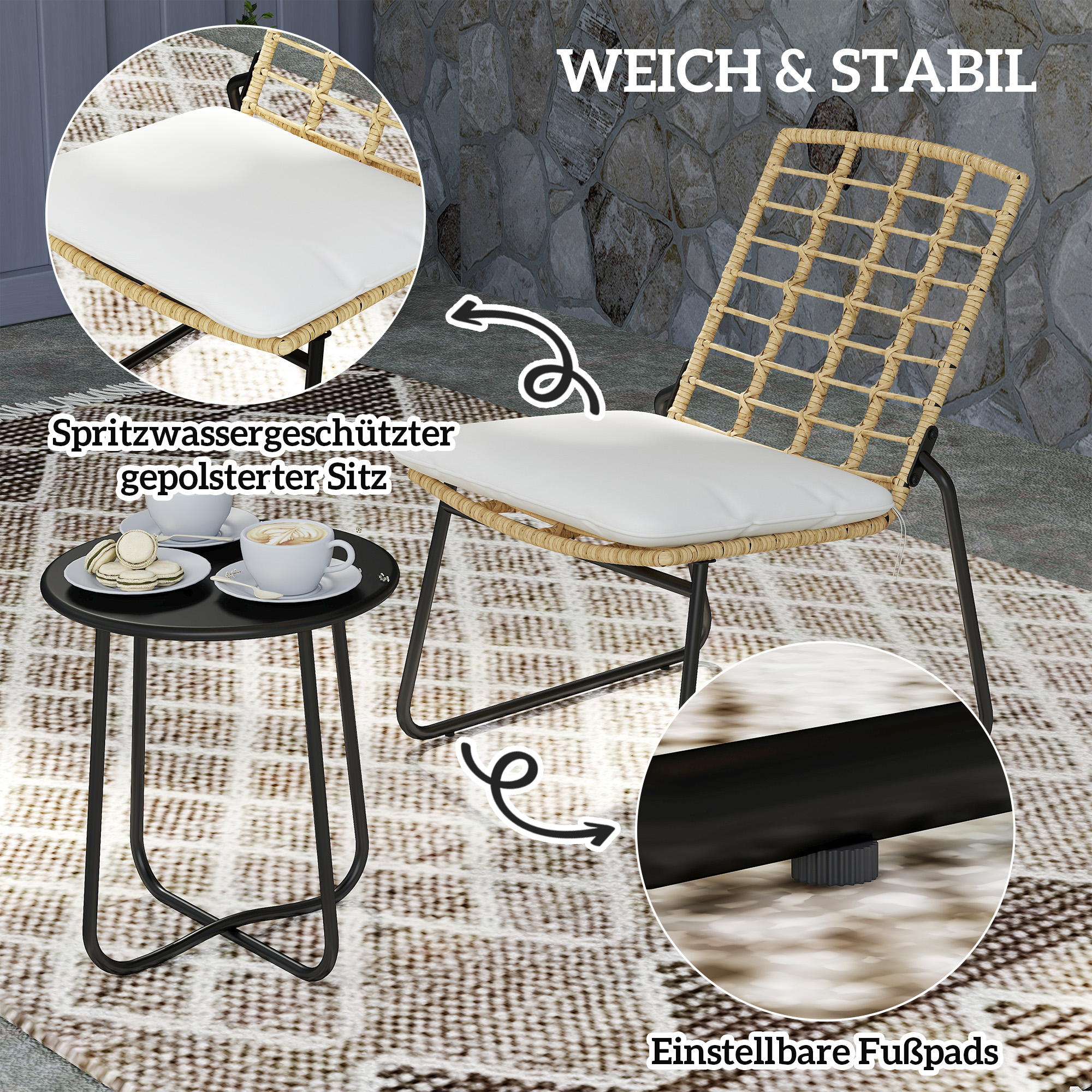 3-teiliges Gartenmöbel-Set, 2 Rattan-Stühle, 1 Tisch mit Metallplatte, Sitzkissen, Bistro-Set, Beige & Braun