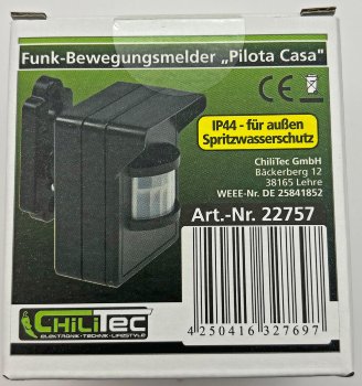 Funk-Bewegungsmelder für "Pilota Casa", IP44, 90°/8m PIR, Aufputz, schwarz