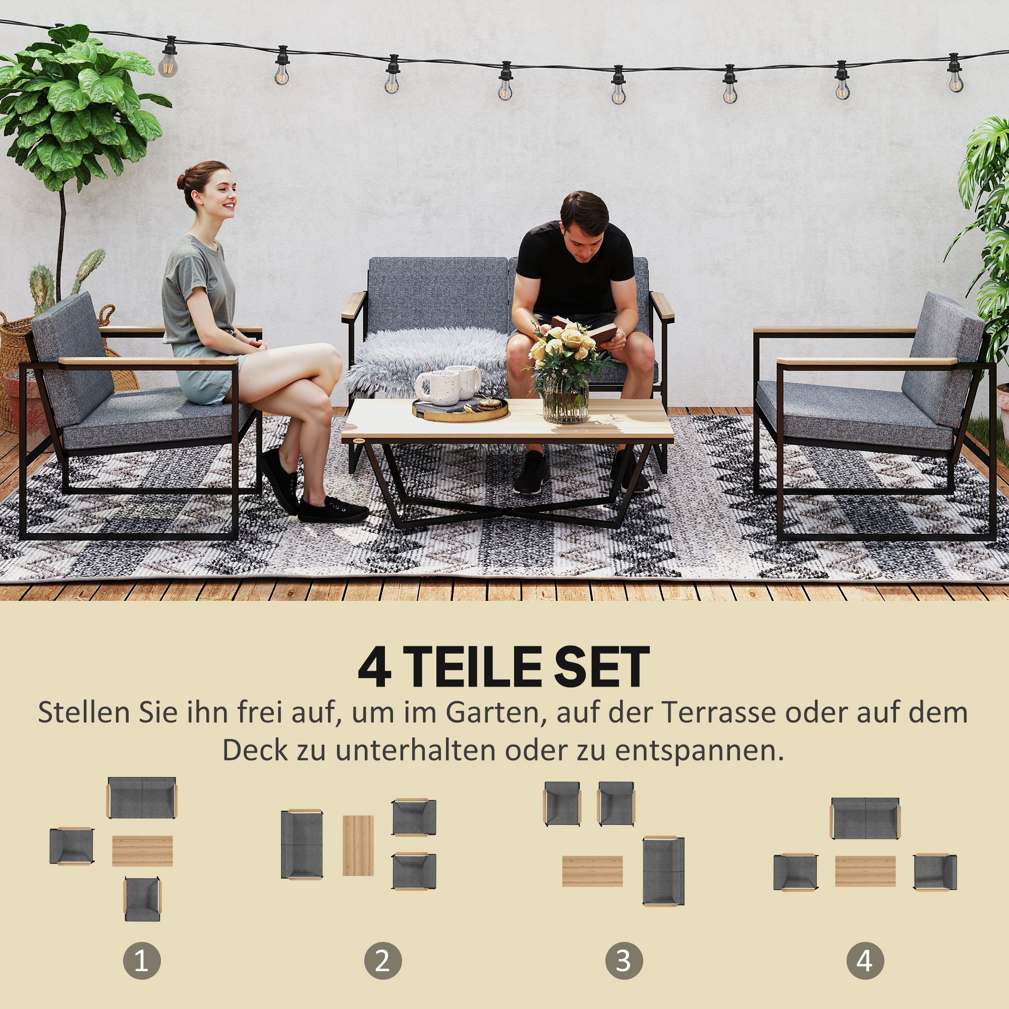 Gartenmöbel Set 4 Personen wetterfest Balkonmöbel-Set mit 2er Sofa, 2 Stühle Sitzkissen Beistelltisch Grau