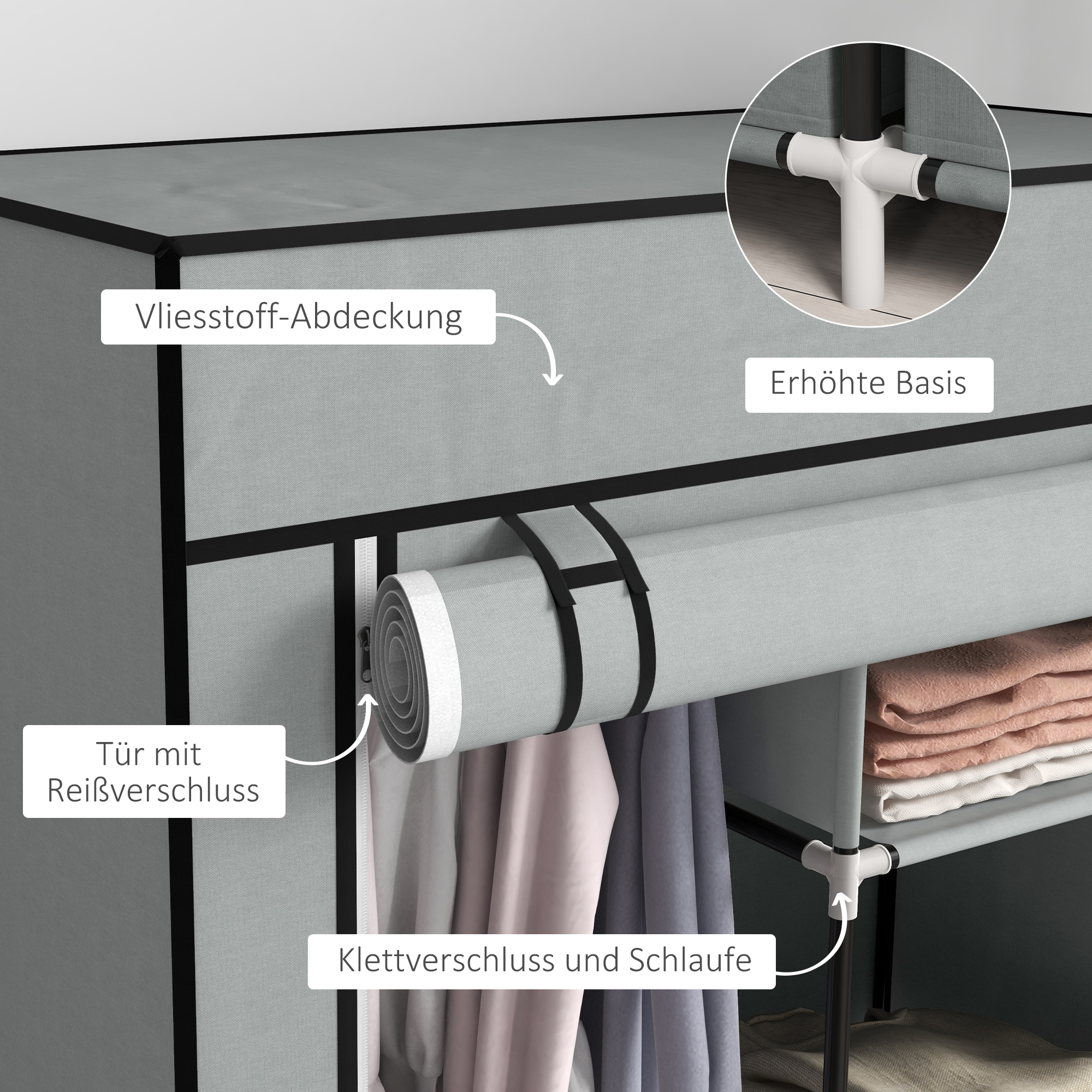 Kleiderschrank Stoffschrank 1 Kleiderstange, 2 Schubladen, 83 x 42.5 x 162,5 cm, Grau