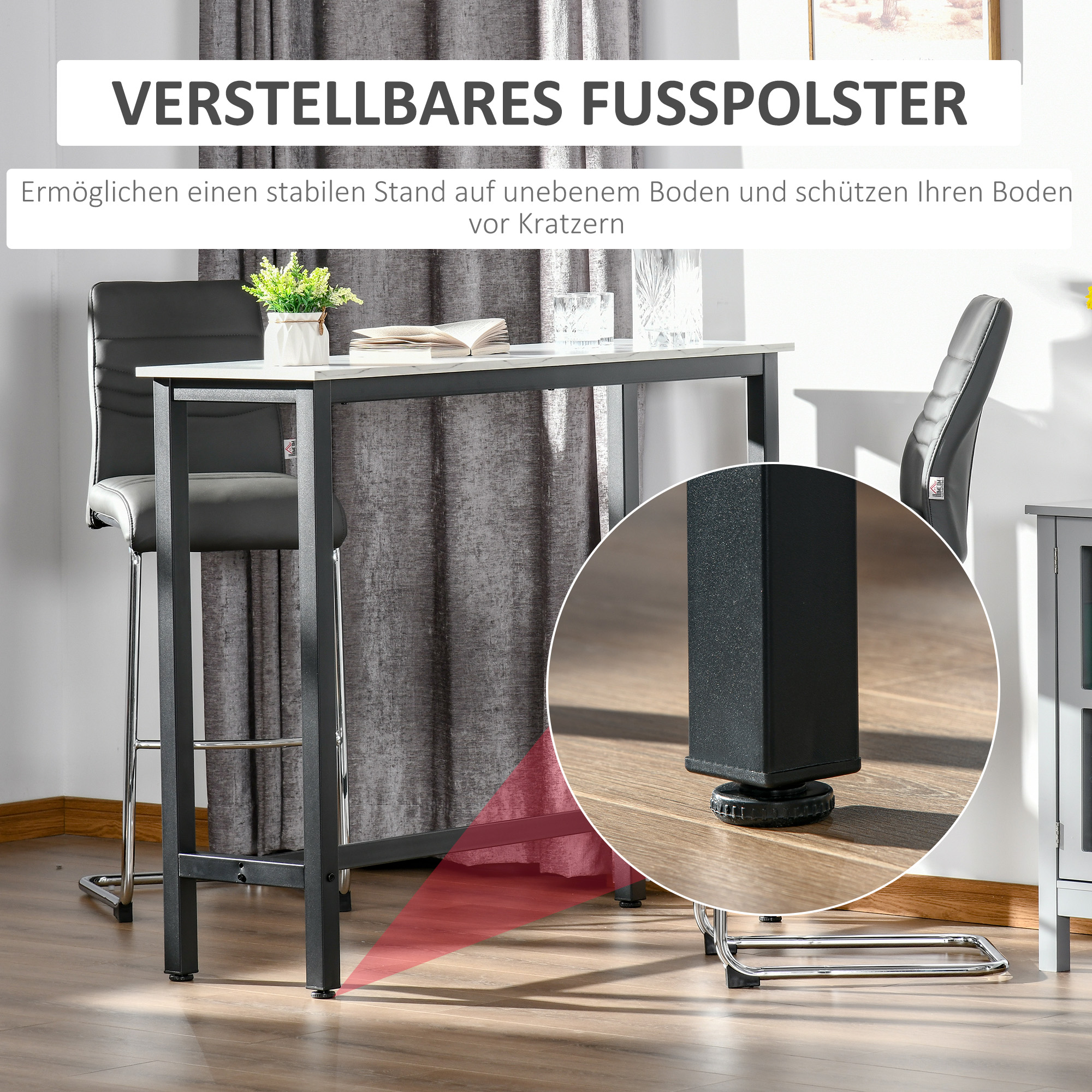 Bartisch in Marmoroptik, Stahlrahmen, Nivellierfüße, 120x40x100 cm, Weiß/Schwarz