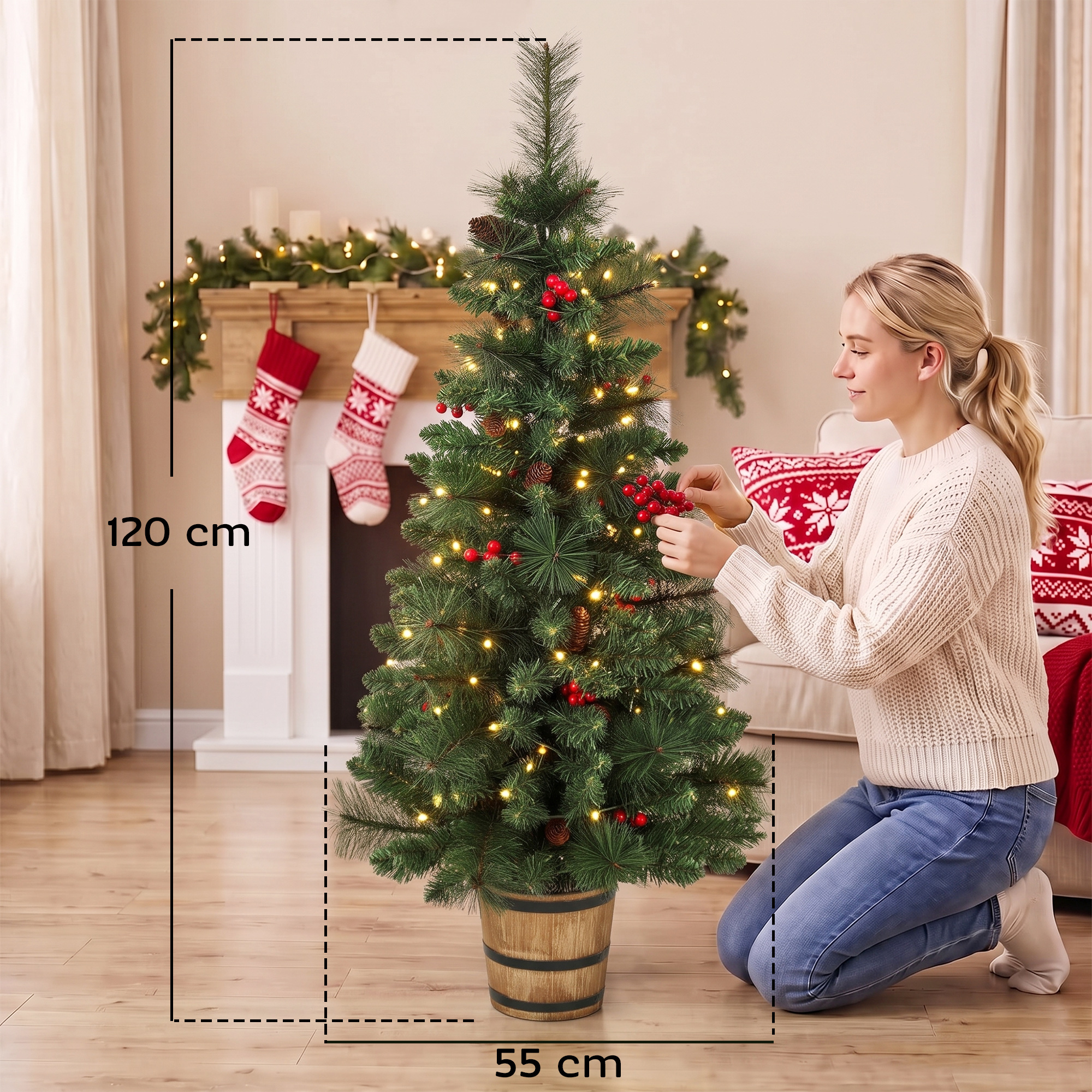Künstlicher Weihnachtsbaum, 120 cm Christbaum mit 100 LED-Beleuchtung 131 Spitzen Beeren, 2 Lichtfarben, Fernbedienung