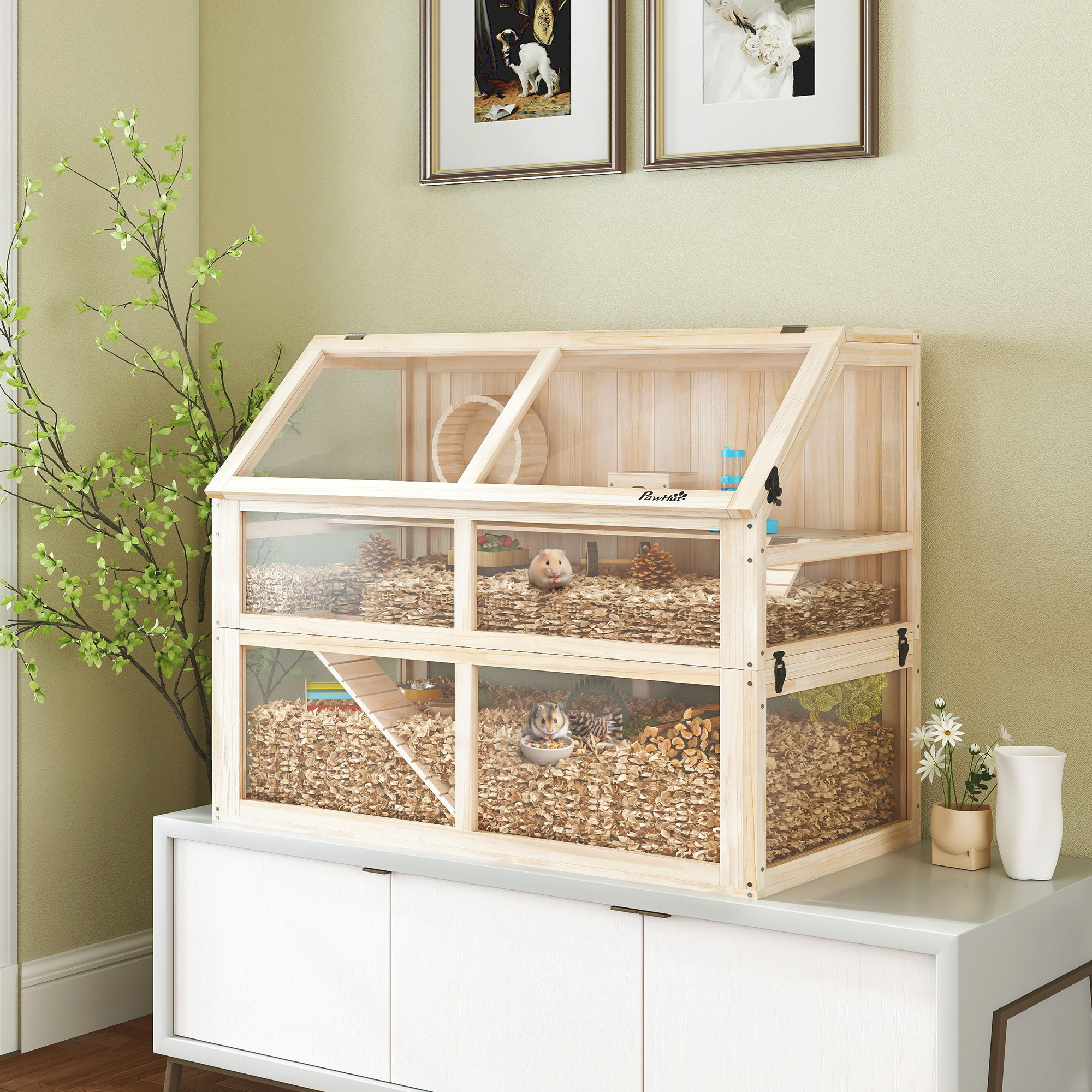 Hamsterkäfig aus Holz 3 Etagen Nagerkäfig Kleintierkäfig mit Wippe Laufrad Hütte 95 x 53 x 76 cm Naturholz