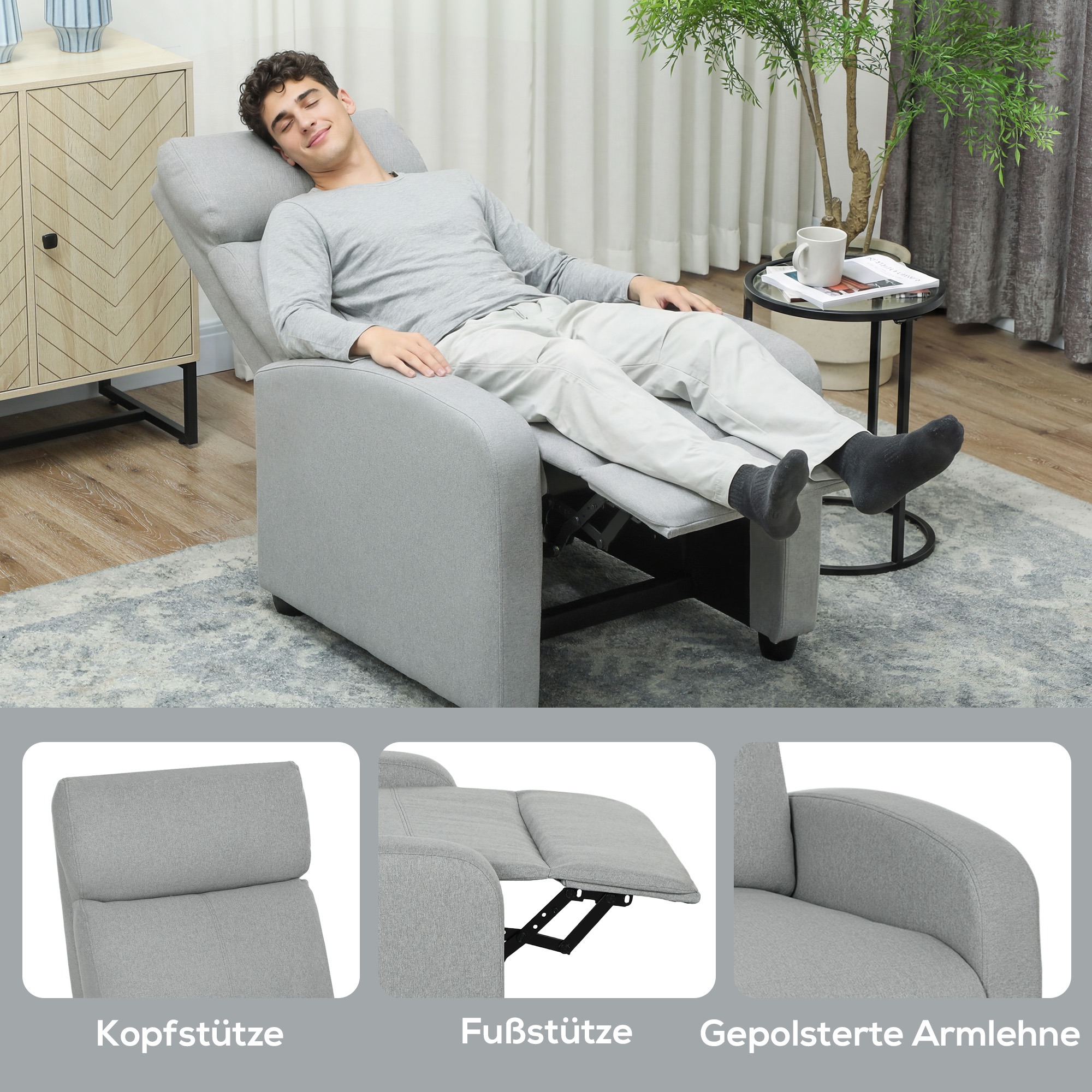 Relaxsessel, verstellbar 135°, ausziehbare Fußstütze, gepolsterte Lehnen, Leinen-Polyester, Hellgrau