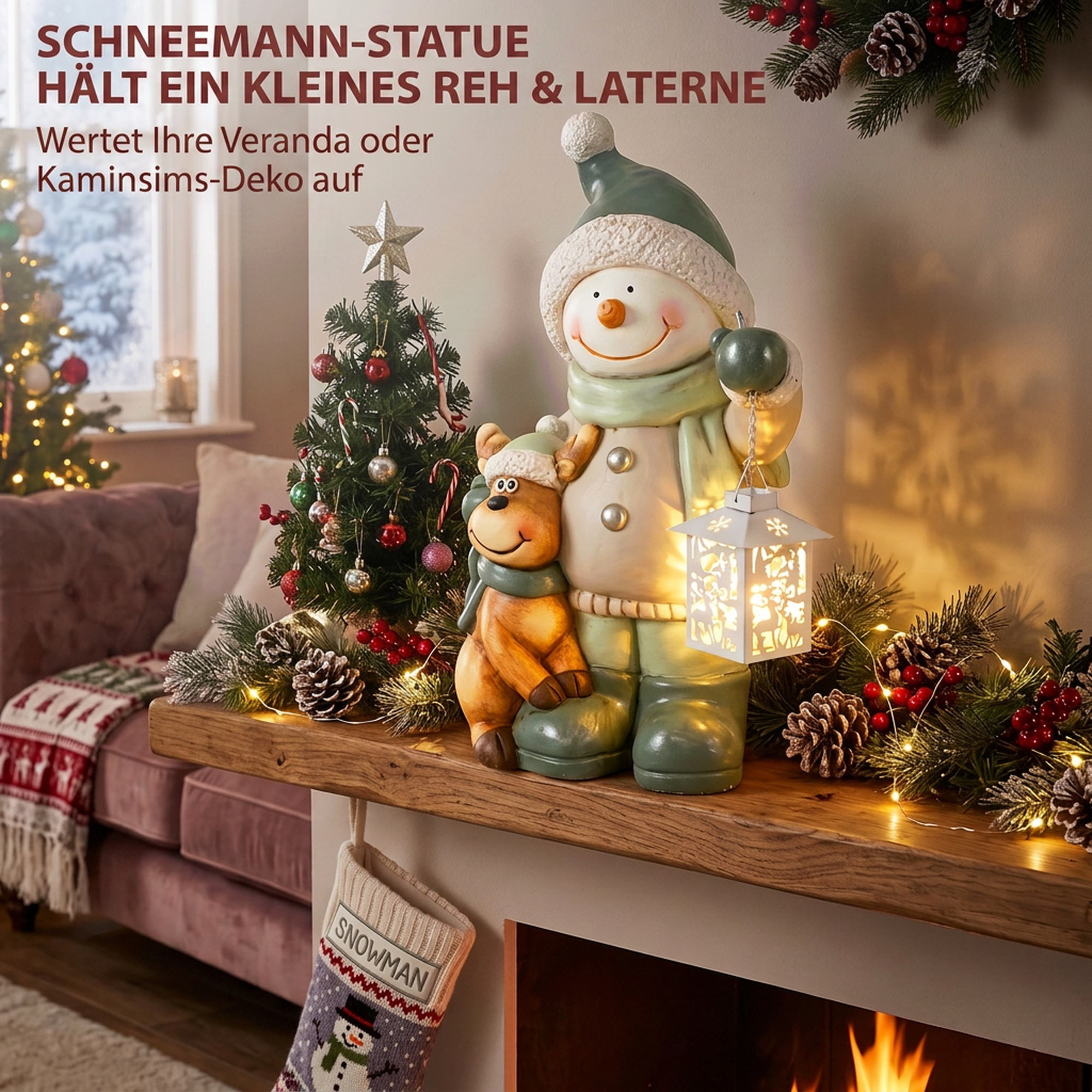 Schneemann-Figur 43 cm aus MGO mit LED-Laterne und Timer, für Eingangsbereich & Türbereich