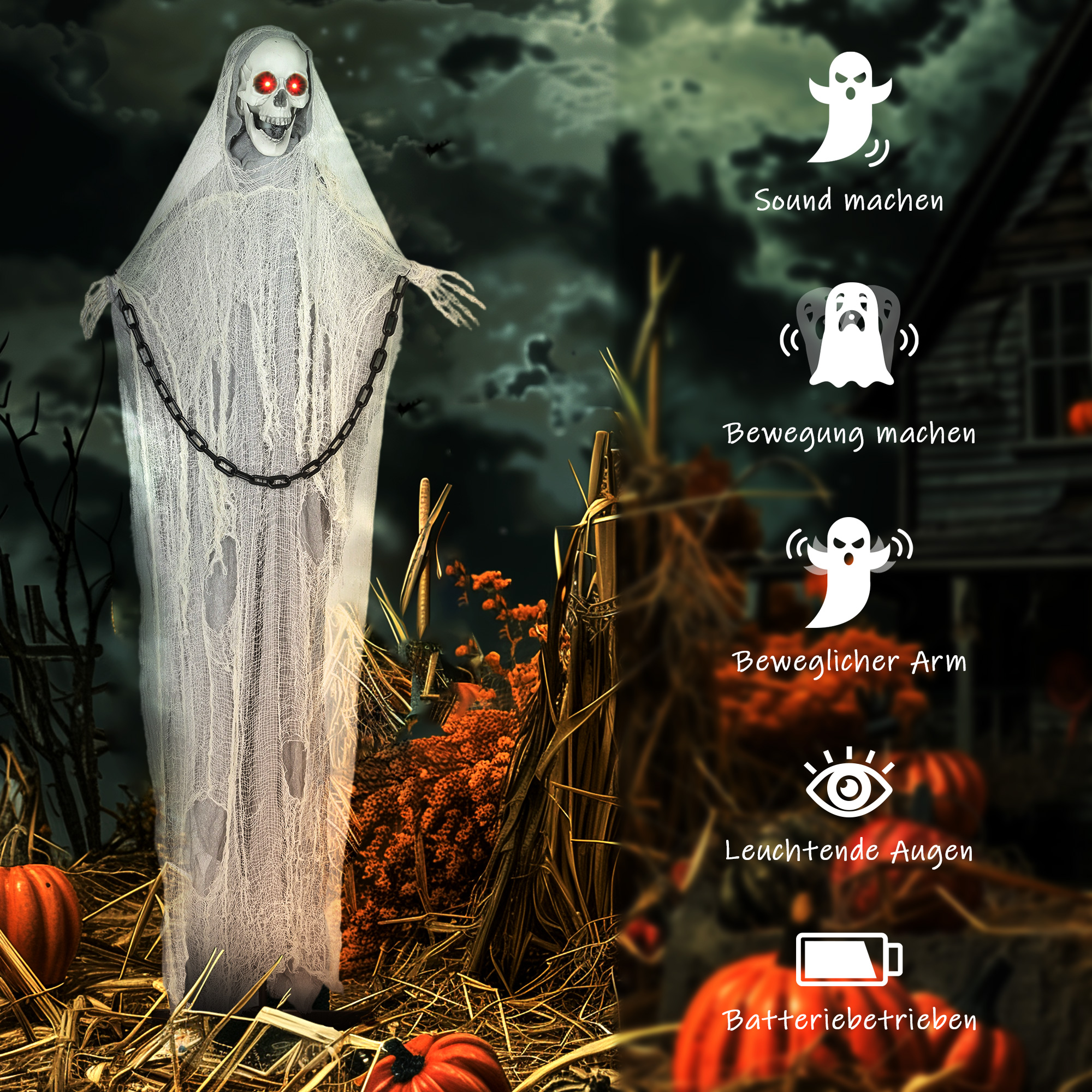 Halloween Deko Sensenmann Outdoor 183cm Animiert Sprechende Halloween Sensenmann mit Leuchtenden Augen gruseligem Sound Halloweendeko Halloween-Dekoration für Tür Garten Party Hof Spukhaus