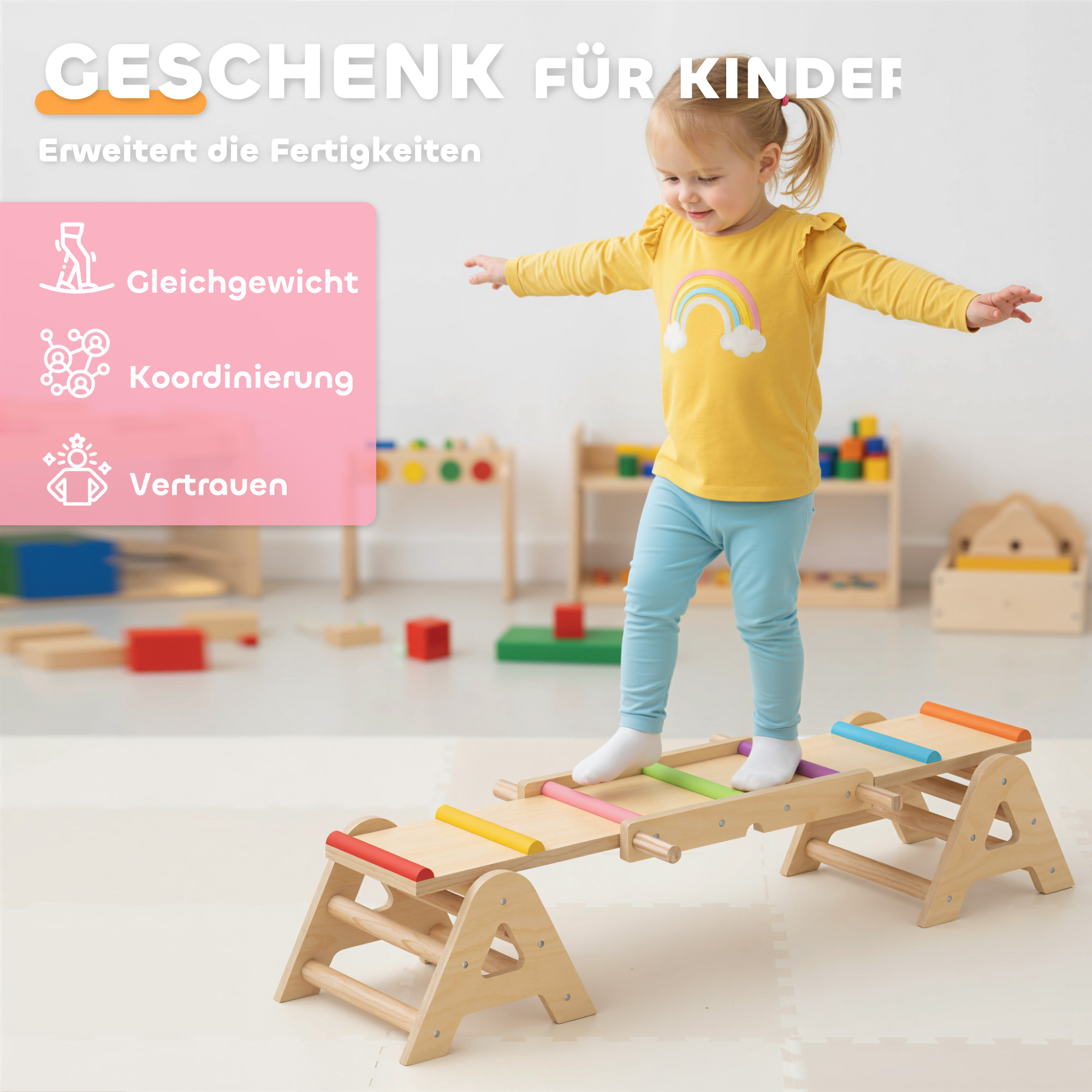 2 In 1 Balance Wippe Kinder, Schwebebalken aus Holz, Wippe Schaukelwippe Garten, Balance Board 133 x 38 x 24 cm